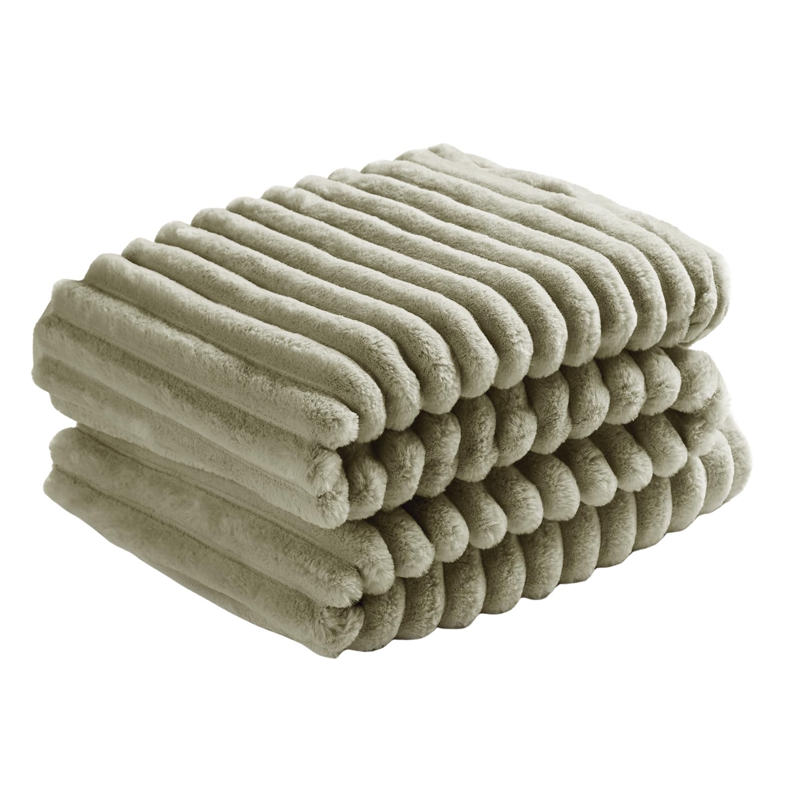 Ohs Sage Green Blanket Throw Faux Fur, Winter Warm Thick Ribbed Blanket For Bed Sofas Fleece Throws For Home Decorative Comfy Super Soft Couch Cover - 125 X 150Cm
