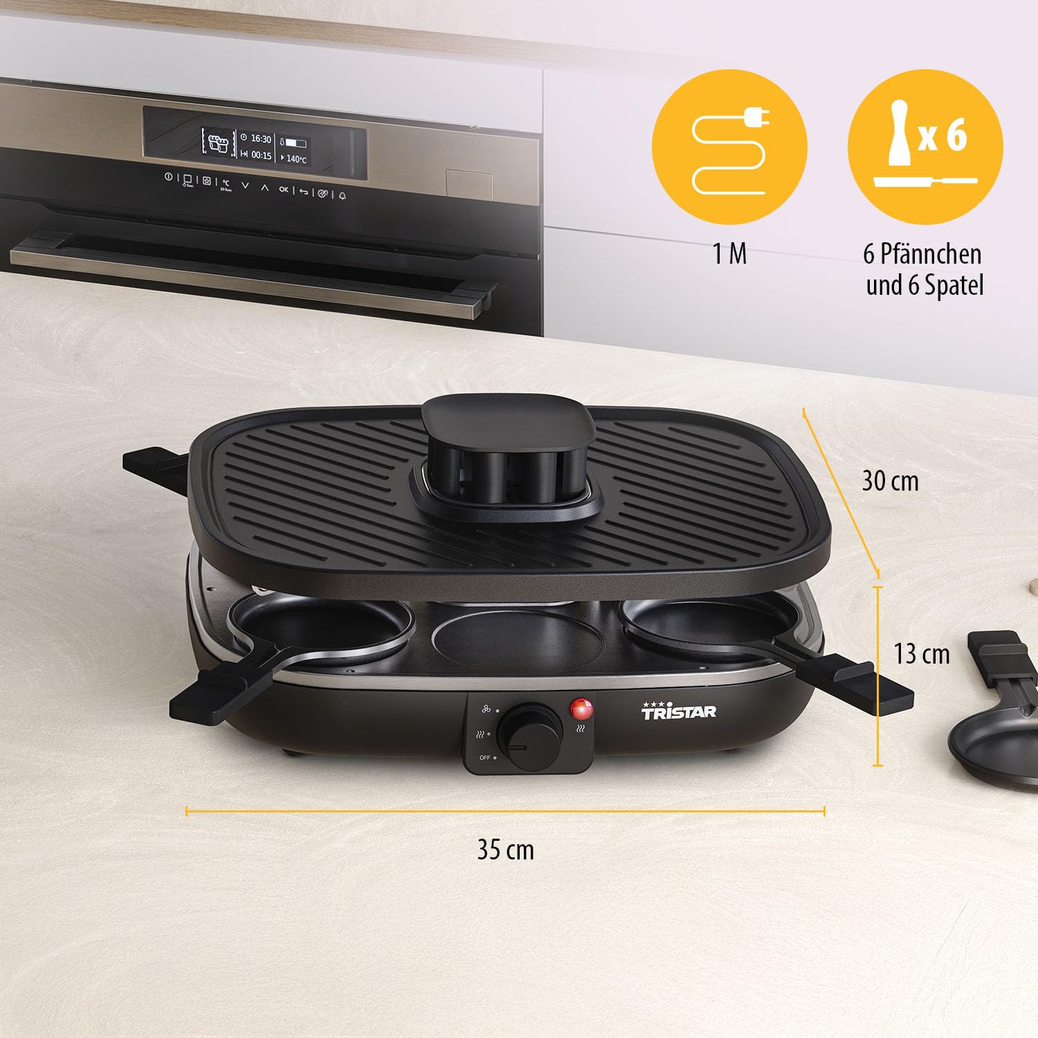Tristar Raclette Clean Air, 1100 W, Für 6 Personen, Luftfiltersystem, Geruchsarm, Antihaft, PFAS-frei, Leicht zu Reinigen, RA-2760