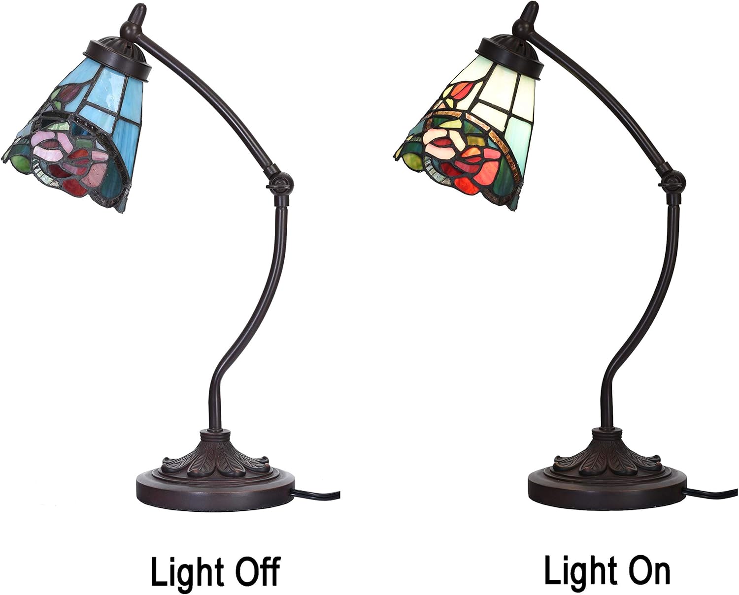 Bieye L10759 Tiffany Style Stained Glass Table Lamp Night Light with Swing Arm Base for Working Reading Home Decoration (Rose Flower)