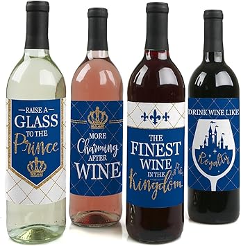 Royal Prince Charming - Baby Shower or Birthday Party Decorations for Women and Men - Wine Bottle Label Stickers - Set of 4