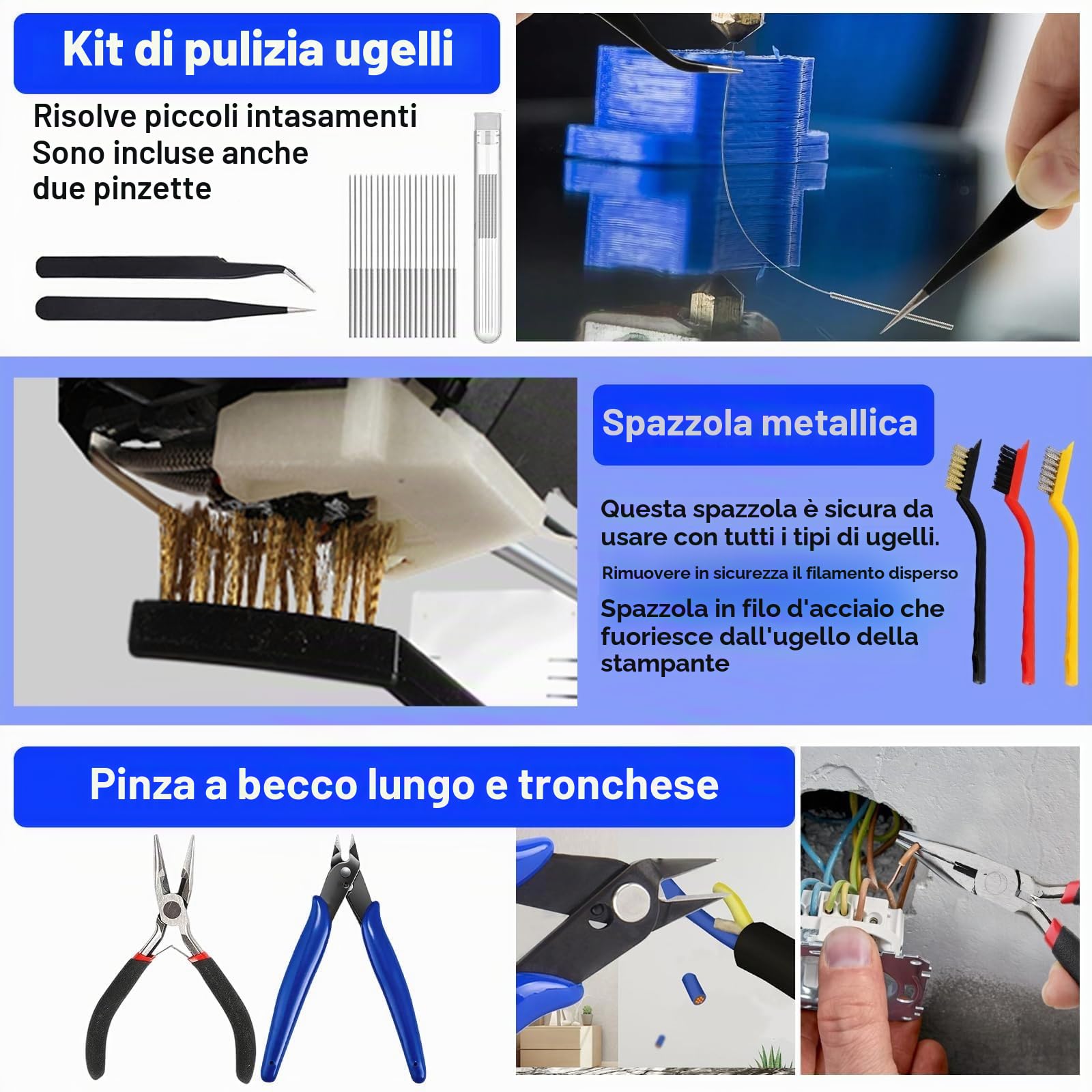 Kit di strumenti e accessori per stampante 3D, 135 pezzi, set di strumenti per stampa 3D con cassetta degli attrezzi, accessorio per stampante 3D, incluso kit di pulizia degli ugelli, lucidatrice