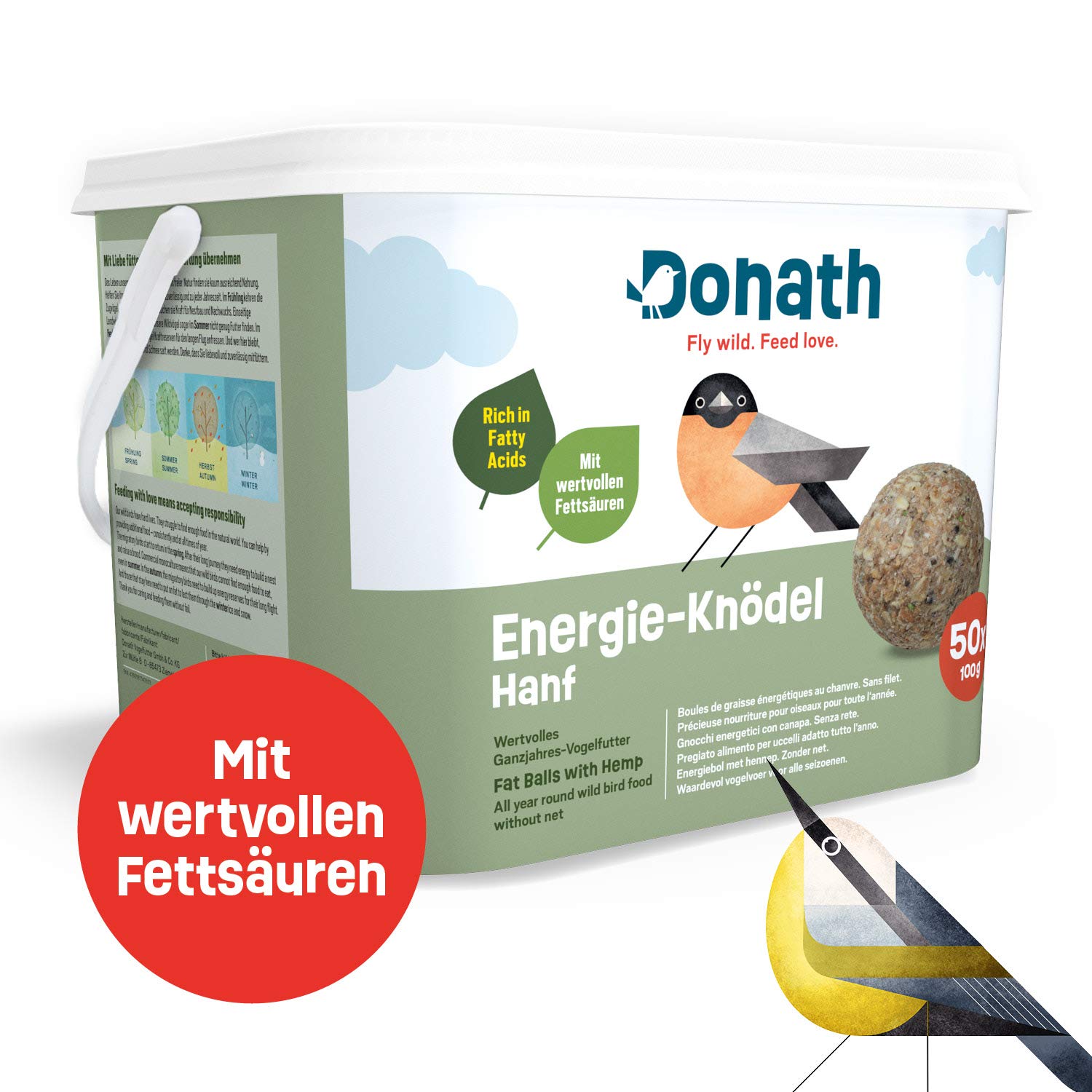 Donath Energie-Knödel Hanf ohne Netz - Meisenknödel ohne Netz -100g je Knödel - mit Einer Extraportion Hanfsamen - Ganzjahres Wildvogelfutter - aus unserer Manufaktur in Süddeutschland - 50er Eimer