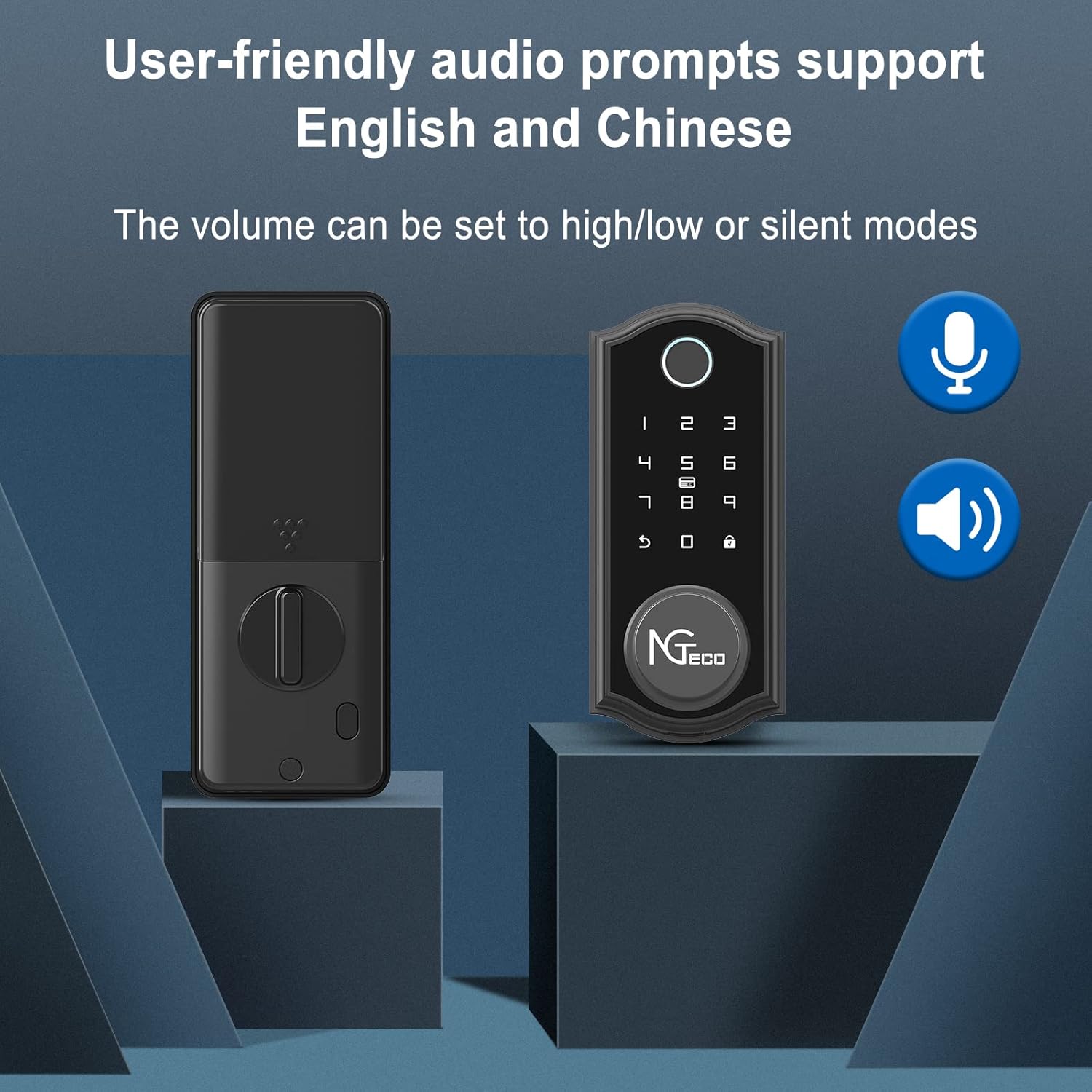Image showing the NGTeco D2310 lock with icons for microphone and speaker, indicating user-friendly audio prompts in English and Chinese with adjustable volume.