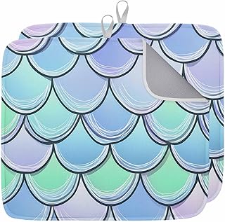 Mermaid Tail Backdrop Dish Drying Mat 16x18 inch Fish Scale Super Absorbent Microfiber Dish Drying Pad for Kitchen Countertops Sink Dish Drainer Racks Coffee Bar Mats 2 Pack