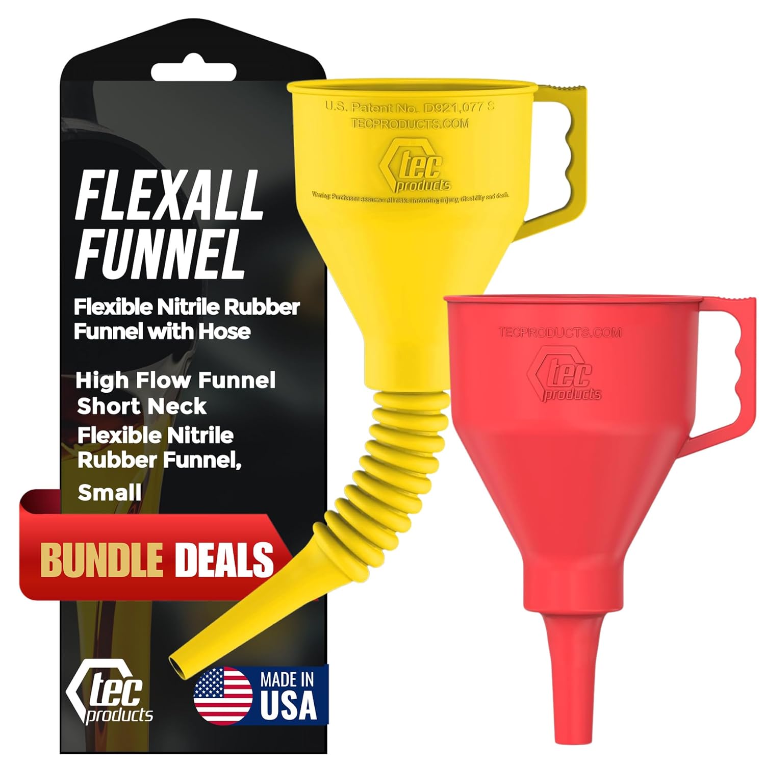 TEC Products FlexAll Short Neck Funnel (Small) & Long Funnel (Yellow, Small) - Flexible Hose for Automotive Use - Durable Nitrile Rubber - Ideal for Car Oil Change, Gas, Diesel & Fluid Transmission