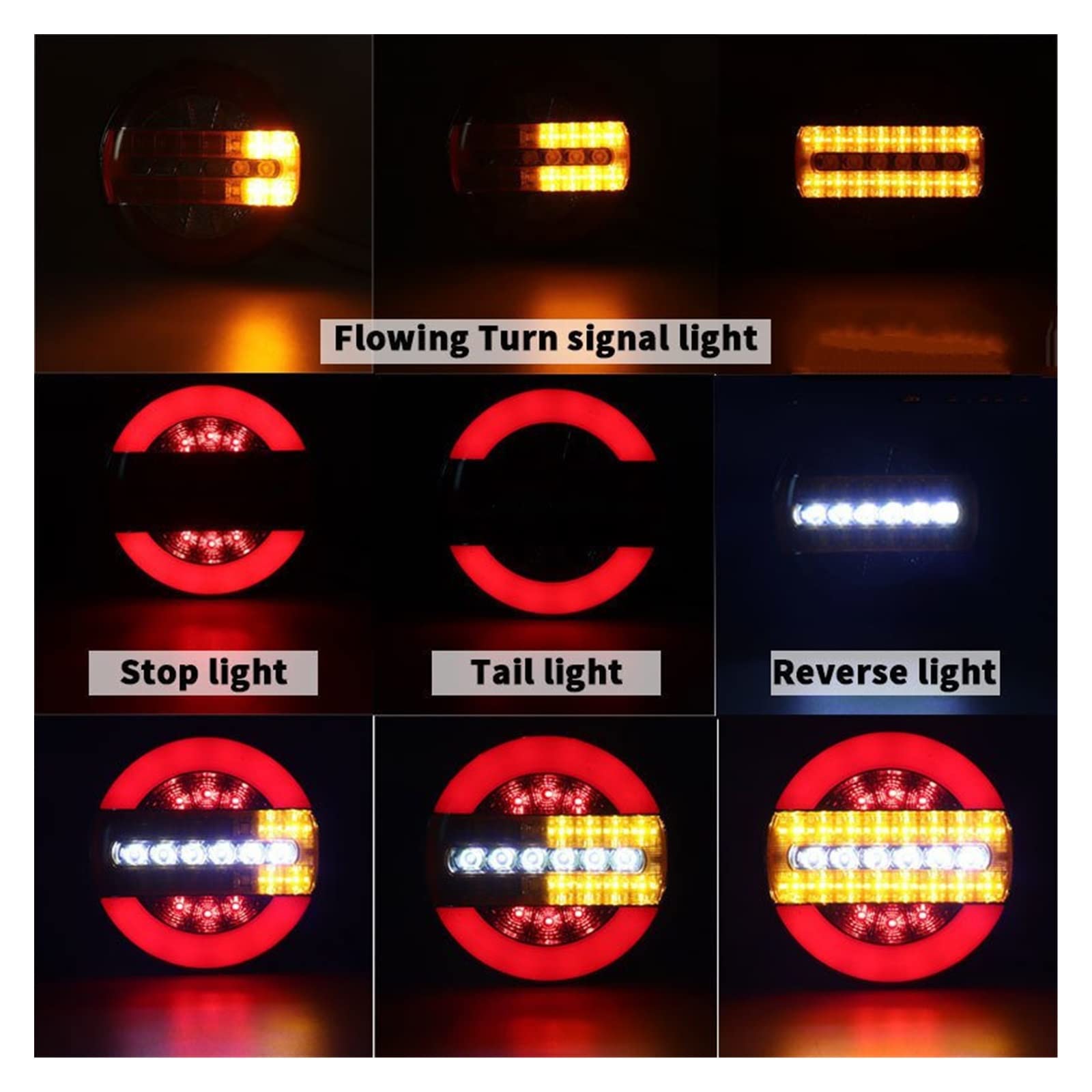 Luz Trasera Luz Trasera Redonda 2 Uds. 12V 24V para Remolques Camiones Señal Giro Dinámica Secuencial Freno Lámpara Marcha Atrás Luz Trasera para Tractor Furgoneta Luces Traseras