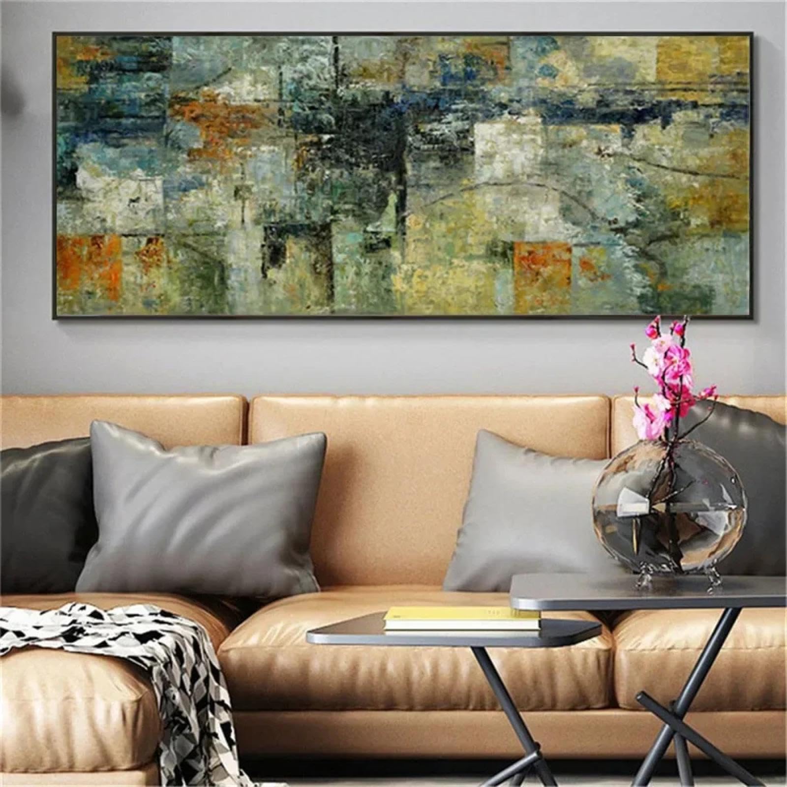 ZHMANLUCK Żółto-szara sztuka na płótnie do salonu dekoracja sztuka ścienna farba nowoczesny plakat do wystroju biura domowego 70 x 140 cm z czarną ramką