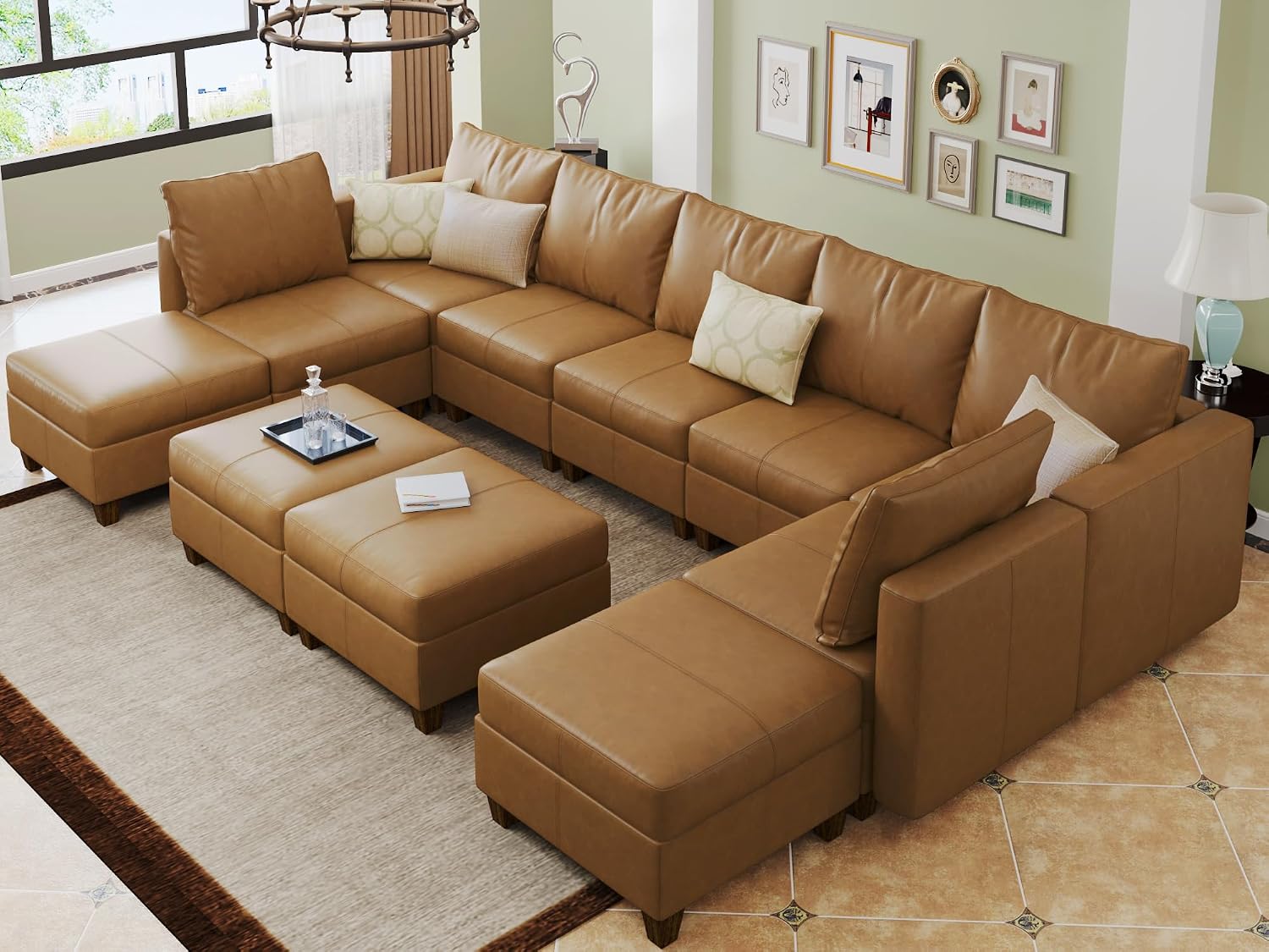 EASE MOOSE Faux Leather Sectional, Large Faux Leather Modular Sofa Couch U Shaped Sectional Couch with Storage Ottomans, Brown