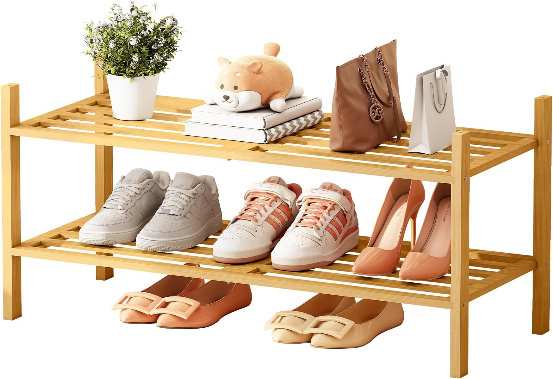 Bamboo Shoe Rack for Closet 2 Tier, Space-Saving Stackable Shoe Organizer for Entryway, Dorm, Garage, Natural