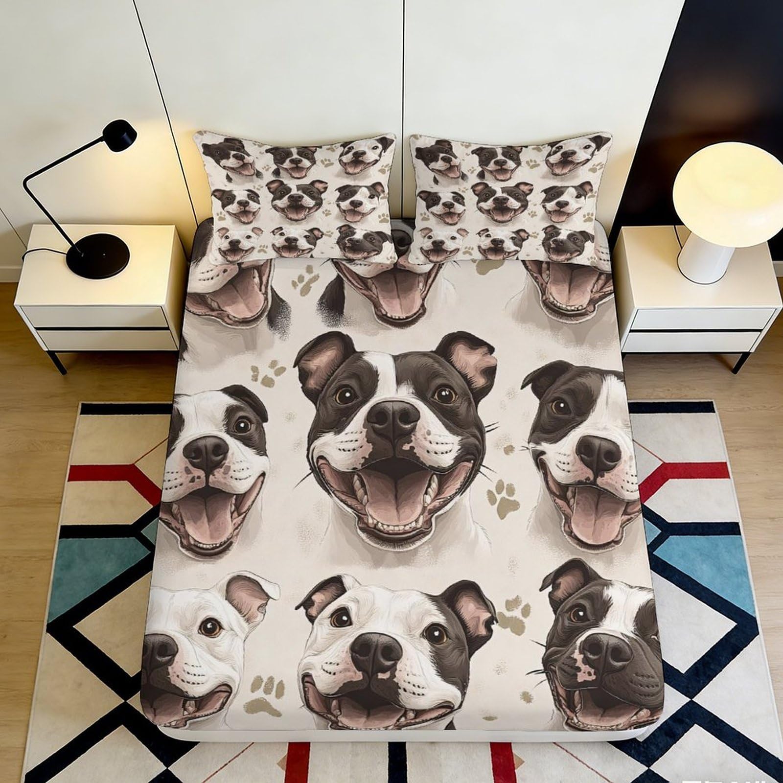 3D Printed Smiling Dog Fitted Sheet Microfiber Soft Anti-Slip Mattress Cover Cartoon Paw Pattern for Bedroom Guest Room Decor 90x200x25cm