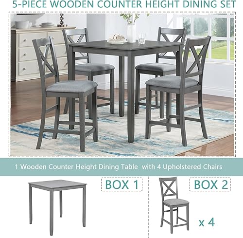 Miniatura 7 de KEIKI Juego de mesa de comedor de 5 piezas de alto mostrador con mesa cuadrada y 4 sillas tapizadas con respaldo en forma de X, para 4 personas,