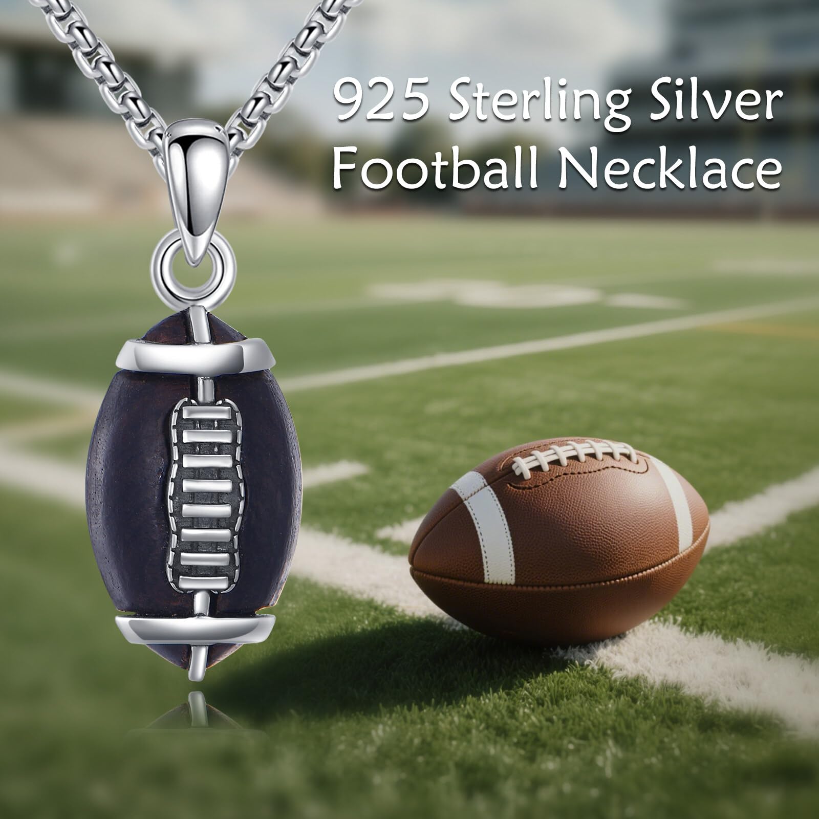 Collar de rugby de plata de ley con cadena de fútbol, collar de madera para hombre, joyería deportiva, balones de fútbol, regalos para hombres
