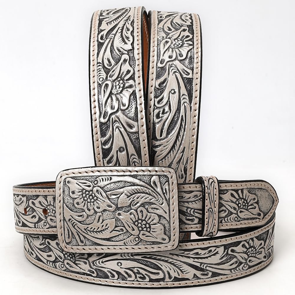 American Darling Beautifully Hand Tooled Grey Genuine American Leather Belt Men and Women Western Belt with Removable Buckle