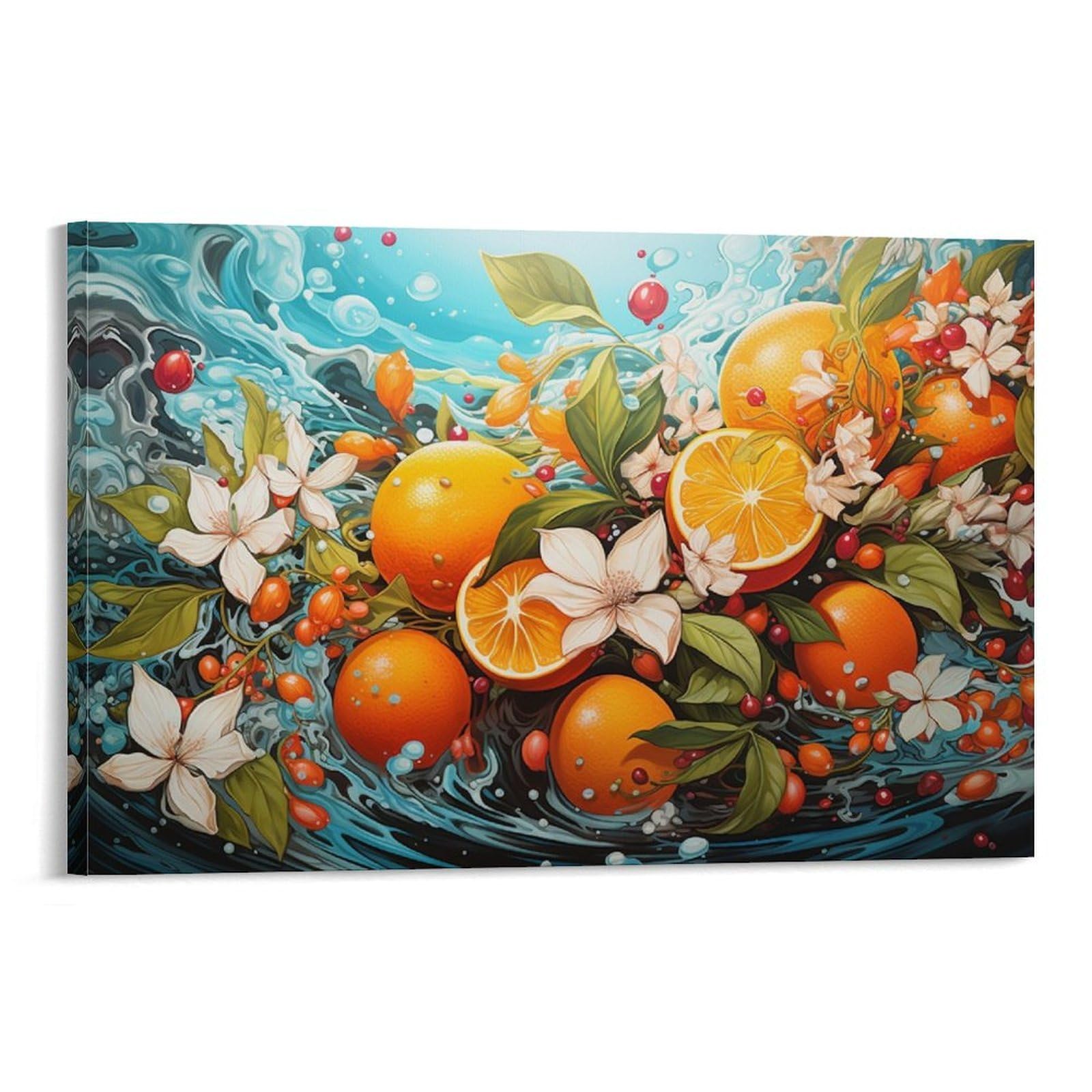 CPLVKWRQJ Tangerine Individual Oranges And Flowers in Water Framed Canvas Art - Office Wall Decor Multi-Purpose Fade Resistant Statement Piece 12x18inch(30x45cm)