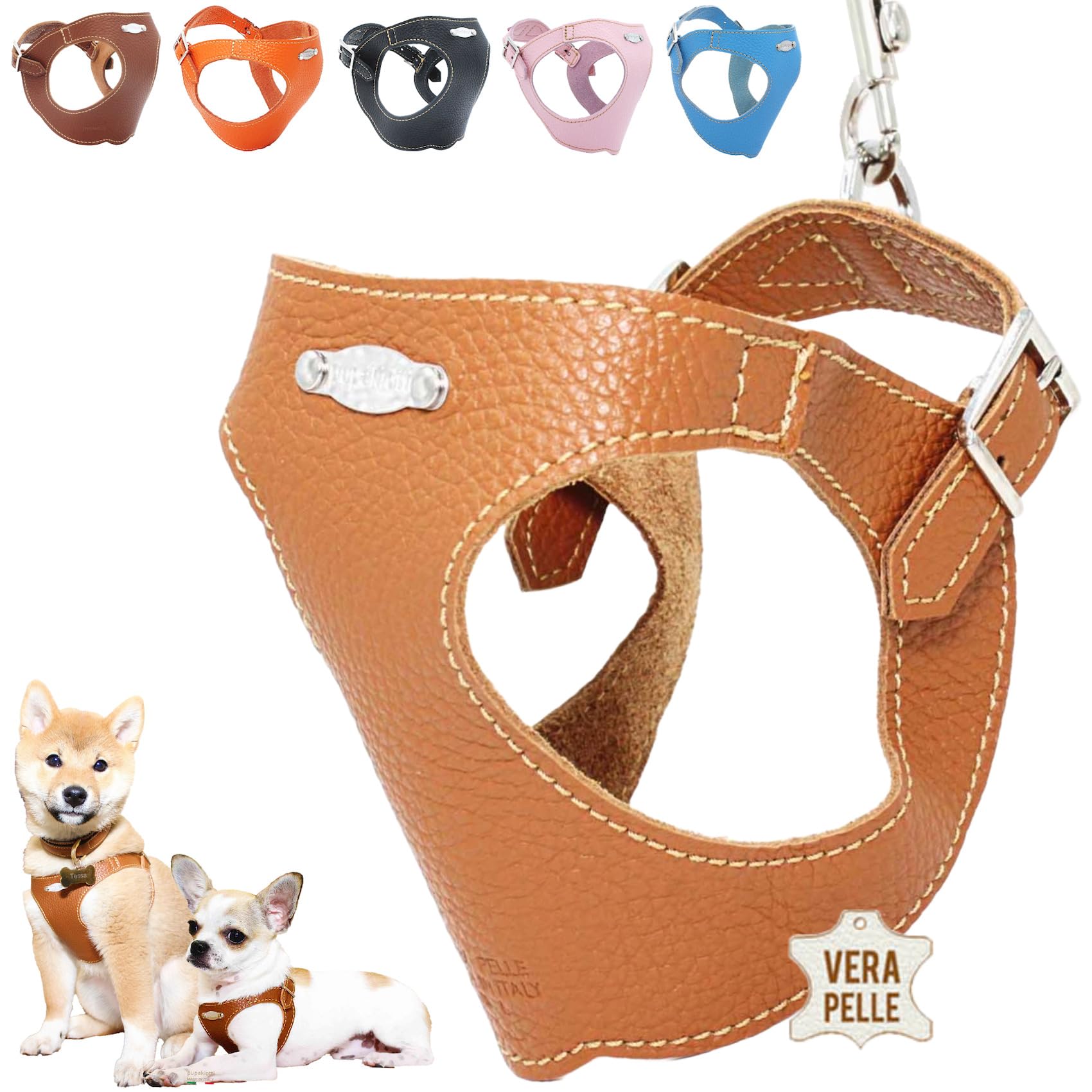 PUPAKIOTTI Arnes Perro de Tamaño Pequeño y Mediano, Arnés de Cuero, Arnes para Perros Ergonómico y Ajustable, Hecho a Mano en Italia (M-L, Cuero)