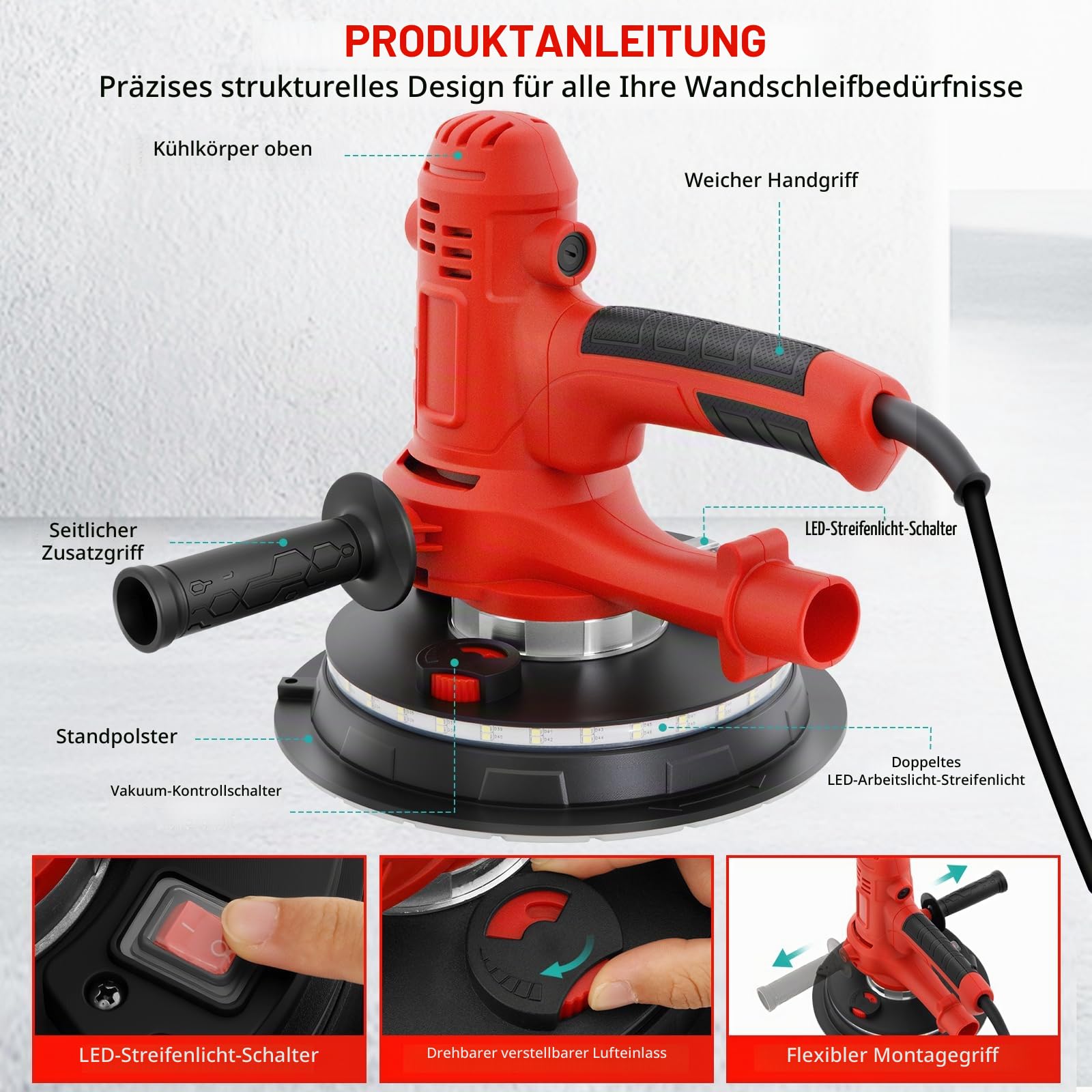 800W Trockenbauschleifer,Wandschleifer, 6 Geschwindigkeitsstufen,ausgestattet mit einer großen,Schleifteller mit Bürstenkranz, integrierte Staubabsaugung, inkl.12x 180 mm Schleifpapier