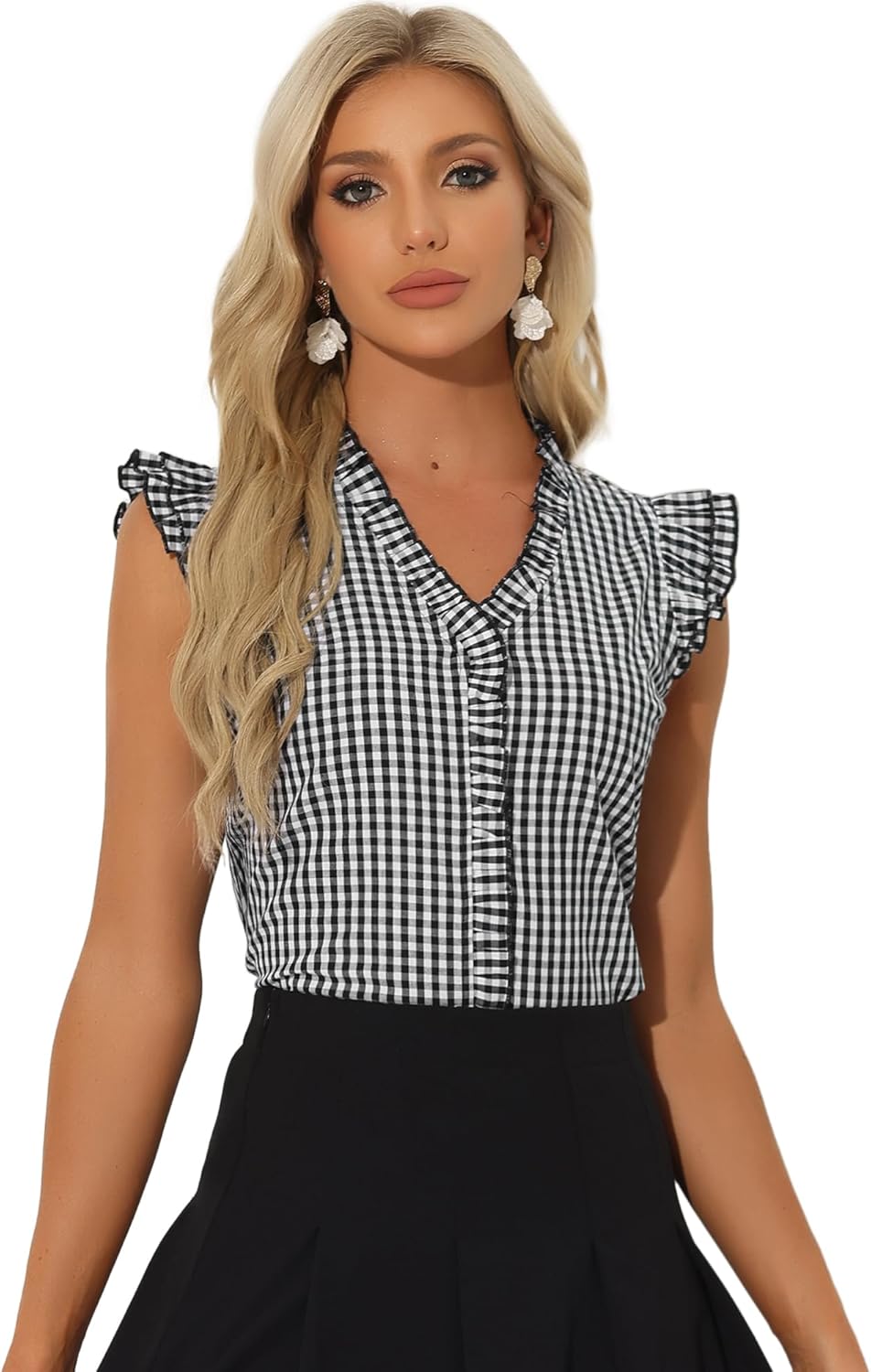 Allegra K Gingham 50s Tops for Women's Cute Cap Sleeve Ruffle Plaid Shirt