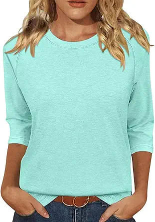 KISSMODA Tunic Tops for Women Loose Fit Dressy Round Neck Pleated 3/4 Length Sleeve Spring Tops