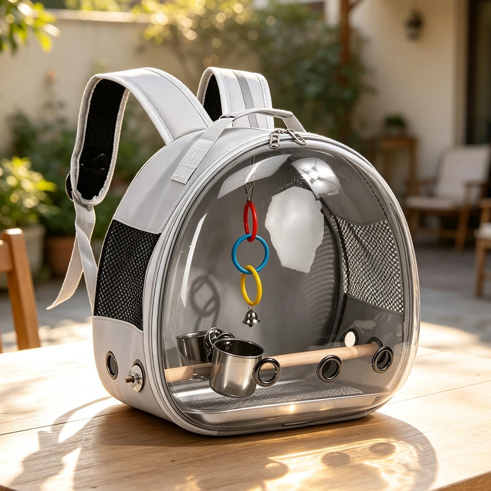 Mochila transportadora de pájaros con alimentador, suministros portátiles
