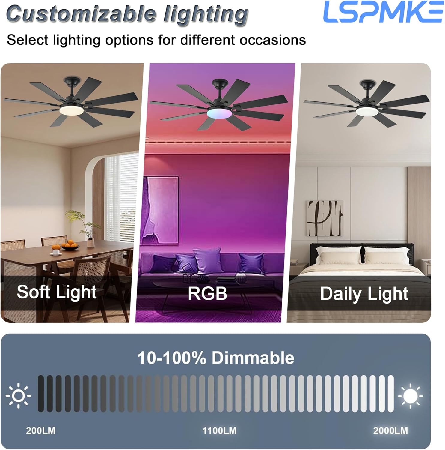 Ceiling Fans with Lights, 52 Inch Ceiling Fan with Light and Remote Control, Reversible DC Motor, 3CCT, Dimmable, Timer, Noiseless, Black Ceiling Fan for Bedroom Living Room, Indoor/Outdoor Use
