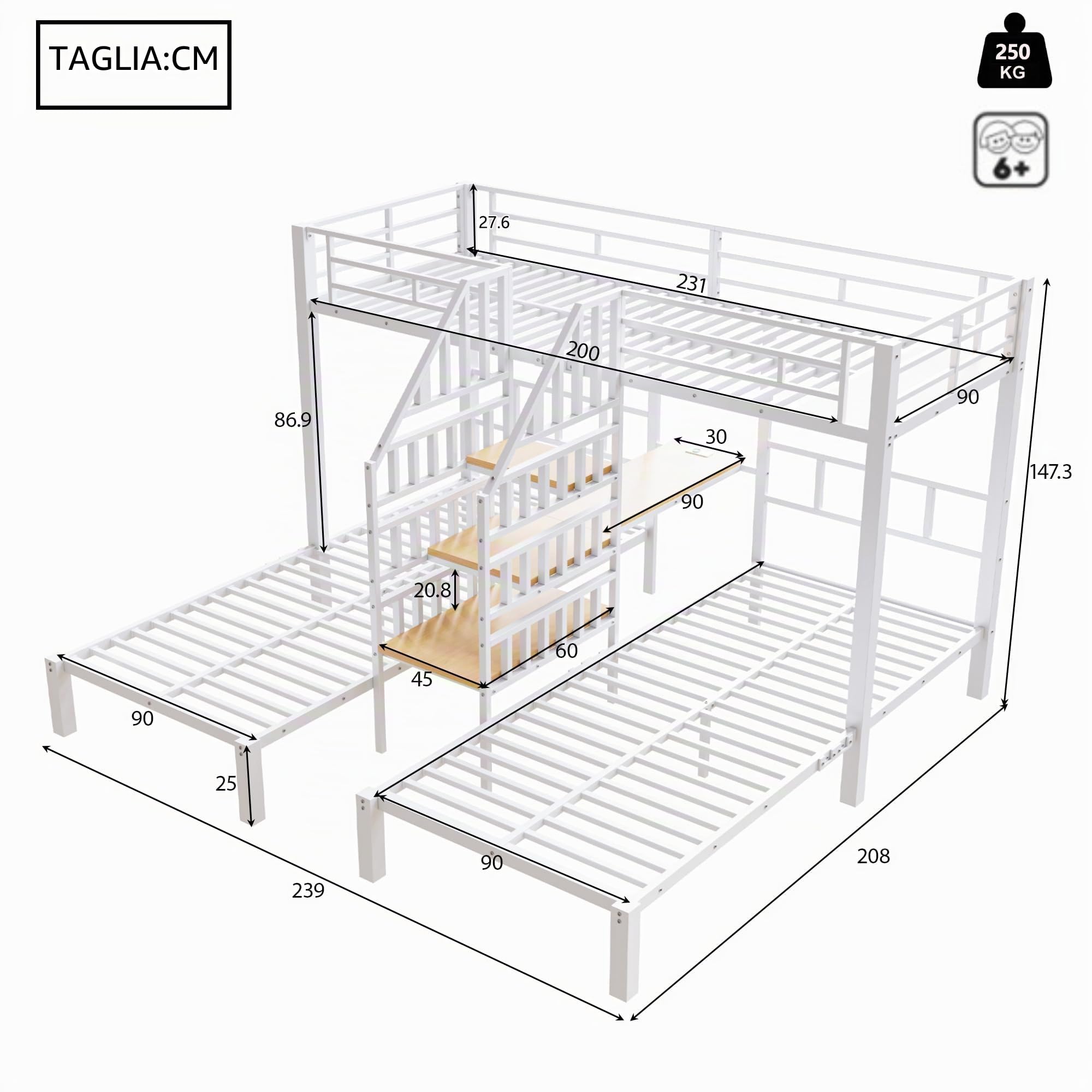 Letto a castello 90 x 200 cm con 3 letti, modalità LE/D, scala di archiviazione, design US/B e scrivania, struttura del letto in metallo + MDF, senza materasso per cameretta dei bambini