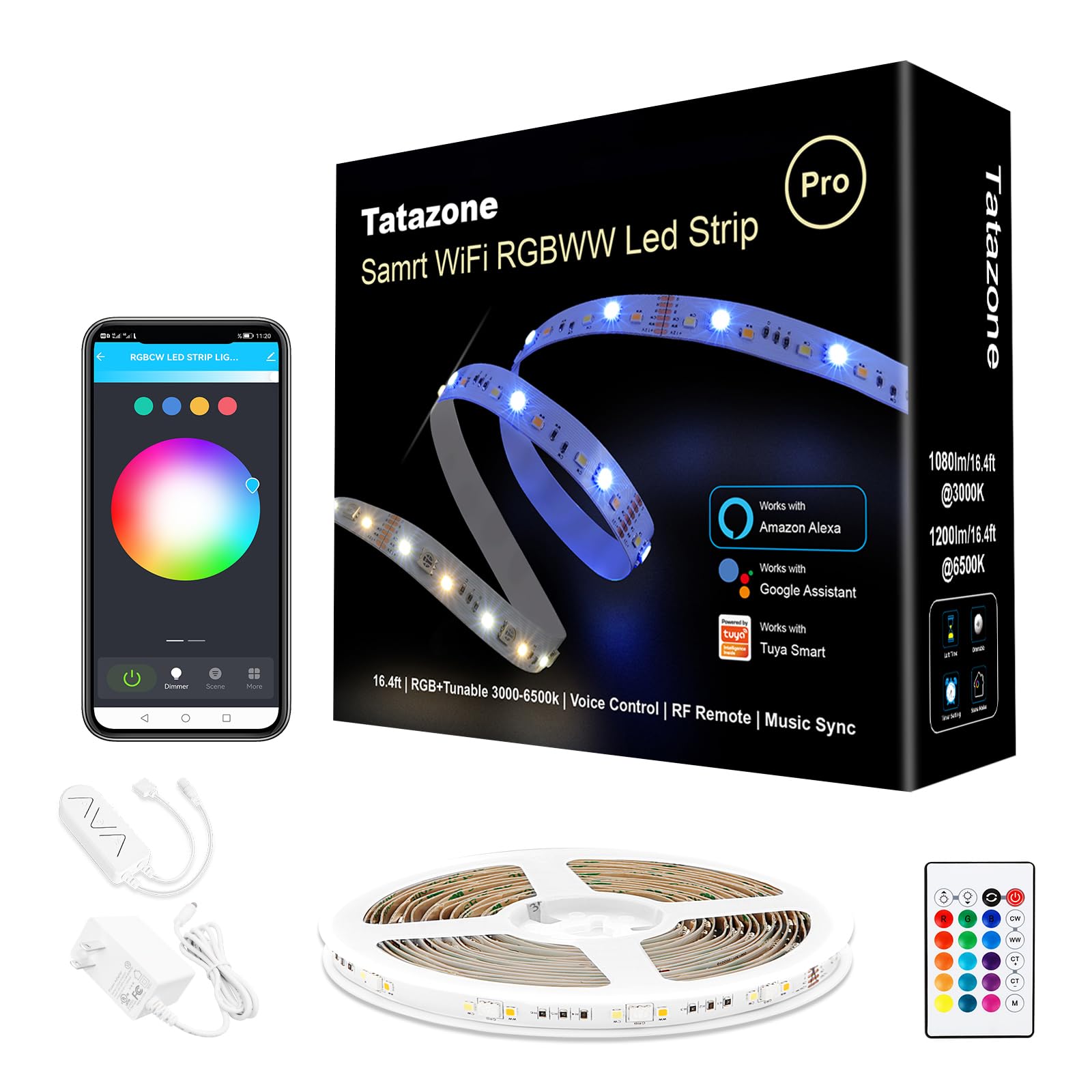 Tatazone - Striscia LED intelligente RGBWW, 16,4 piedi, sintonizzabile, colore bianco, 3000K-6500K+RGB WiFi, striscia luminosa a LED per lavorare con Alexa e Google, luci a LED di sincronizzazione