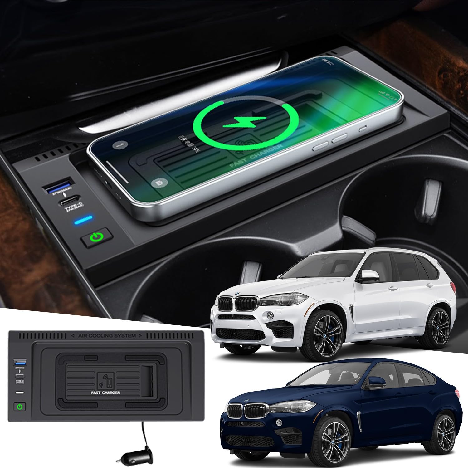 Cargador Inalámbrico para BMW X5/X6 2014-2018, 15W Carga Rápida Coche Teléfono Cargador con 27W USB-A y Tipo-C, para BMW X5/X5M 2014-2018 y BMW X6/X6M (F16) 2015-2019 Interiores Accesorios