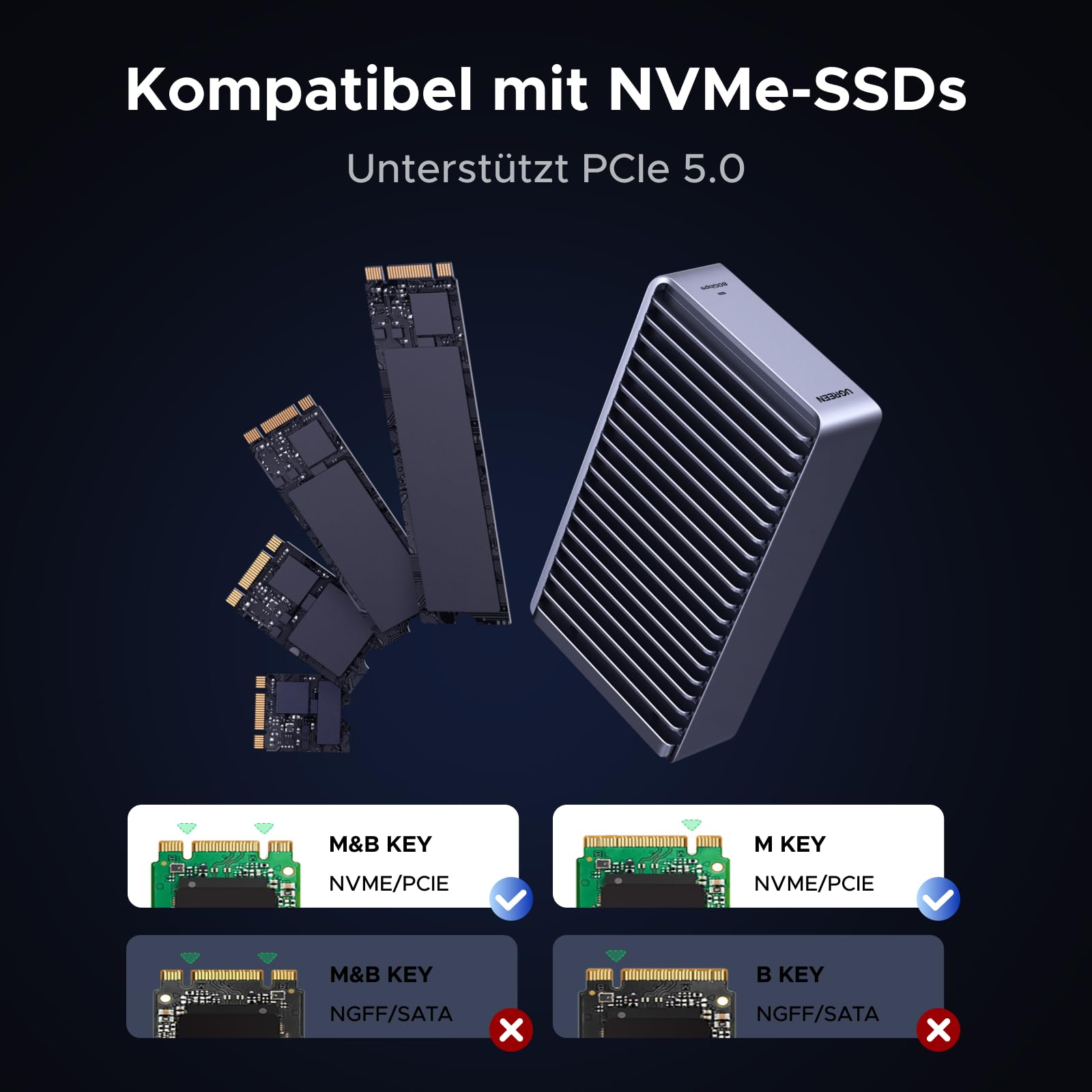 UGREEN 80Gbps M.2 NVMe SSD Gehäuse, NVMe Gehäuse kompatibel mit Thunderbolt 5/4/USB4 bis zu 7000MB/s, M2 SSD Gehäuse kompatibel mit MacBook, Mac mini, Mac Studio 50cm Kabel(SSD Nicht enthalten)