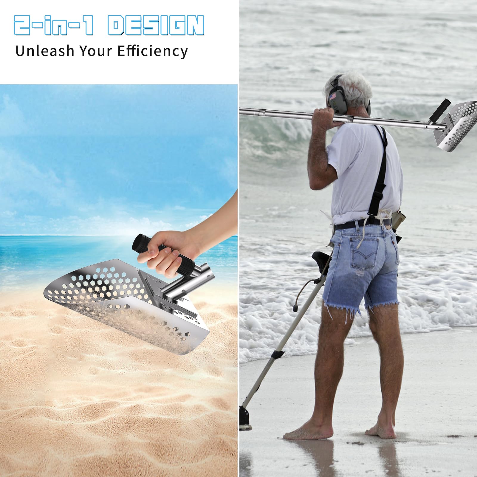 Pelle à sable à long manche, pelle de plage en acier inoxydable pour détection de métaux et chasse au trésor avec design antirouille