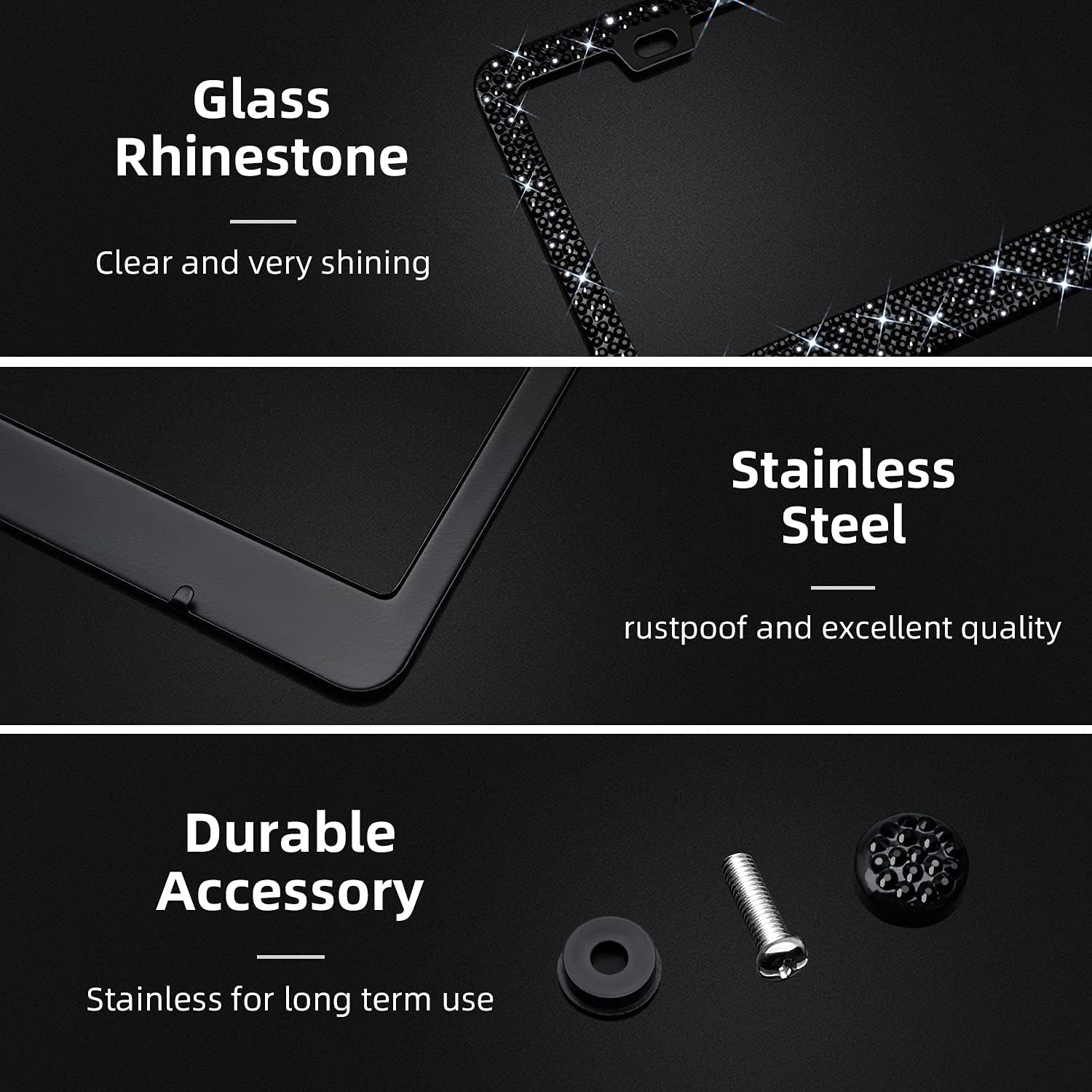 Bling Rhinestone License Plate Frame for Women，Diamond Sparkly Frames| Stainless Steel Frames & Over 1200 pcs Finest 14 Facets Black Glass Crystals Premium Diamond+GiftBox(Black)