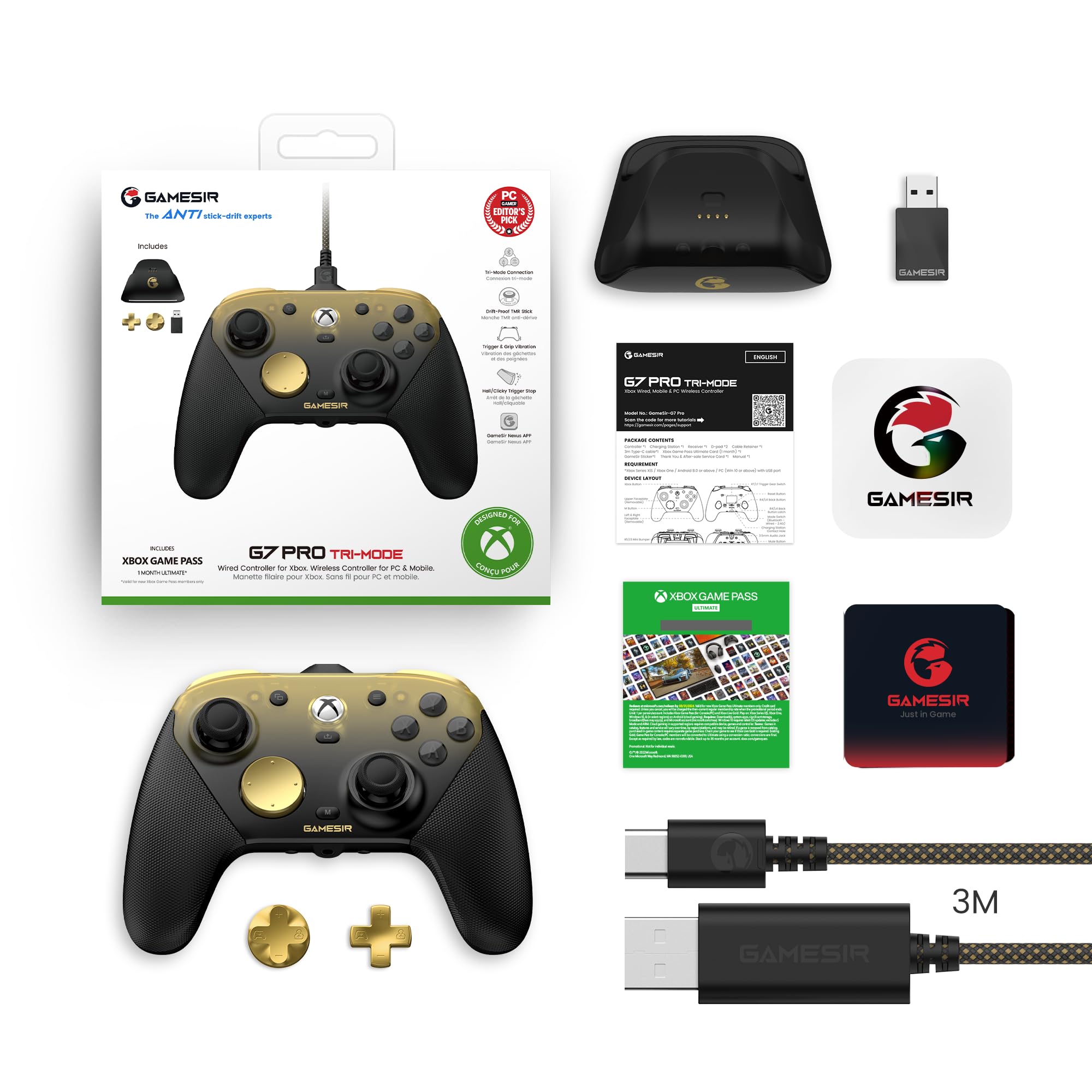 GameSir G7 Pro Controller 1000Hz con Stazione di Ricarica per Xbox Series X|S, Xbox One, Windows 10/11 & Android – Joystick TMR, Grilletti Regolabili & 4 Pulsanti Programmabili – Oro