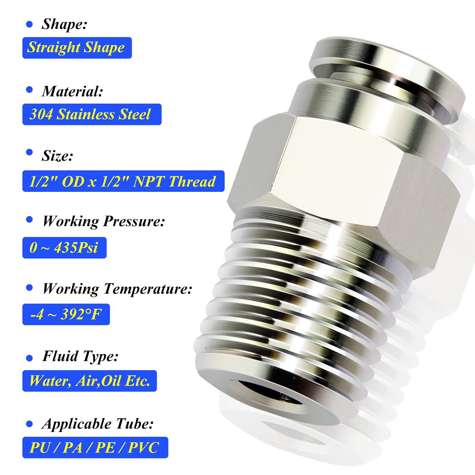 Thermocouple And RTD Stainless Steel Compression Fitting 1/2 NPT Thread