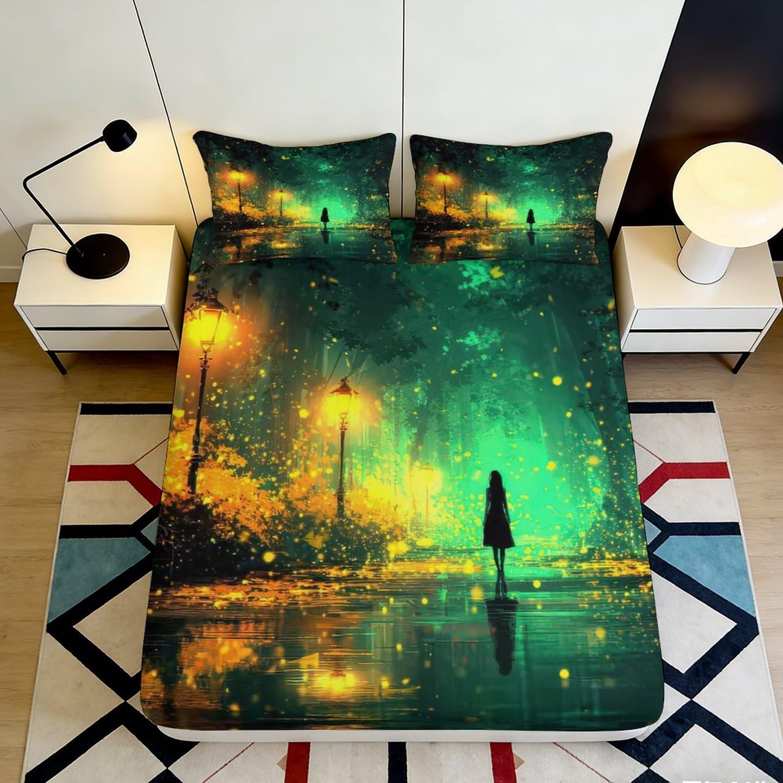 3D Printed Rainy Night Cityscape Fitted Sheet Microfiber Soft Artistic Lamp Reflection Mattress Cover Bedroom Decor 90x200x25cm