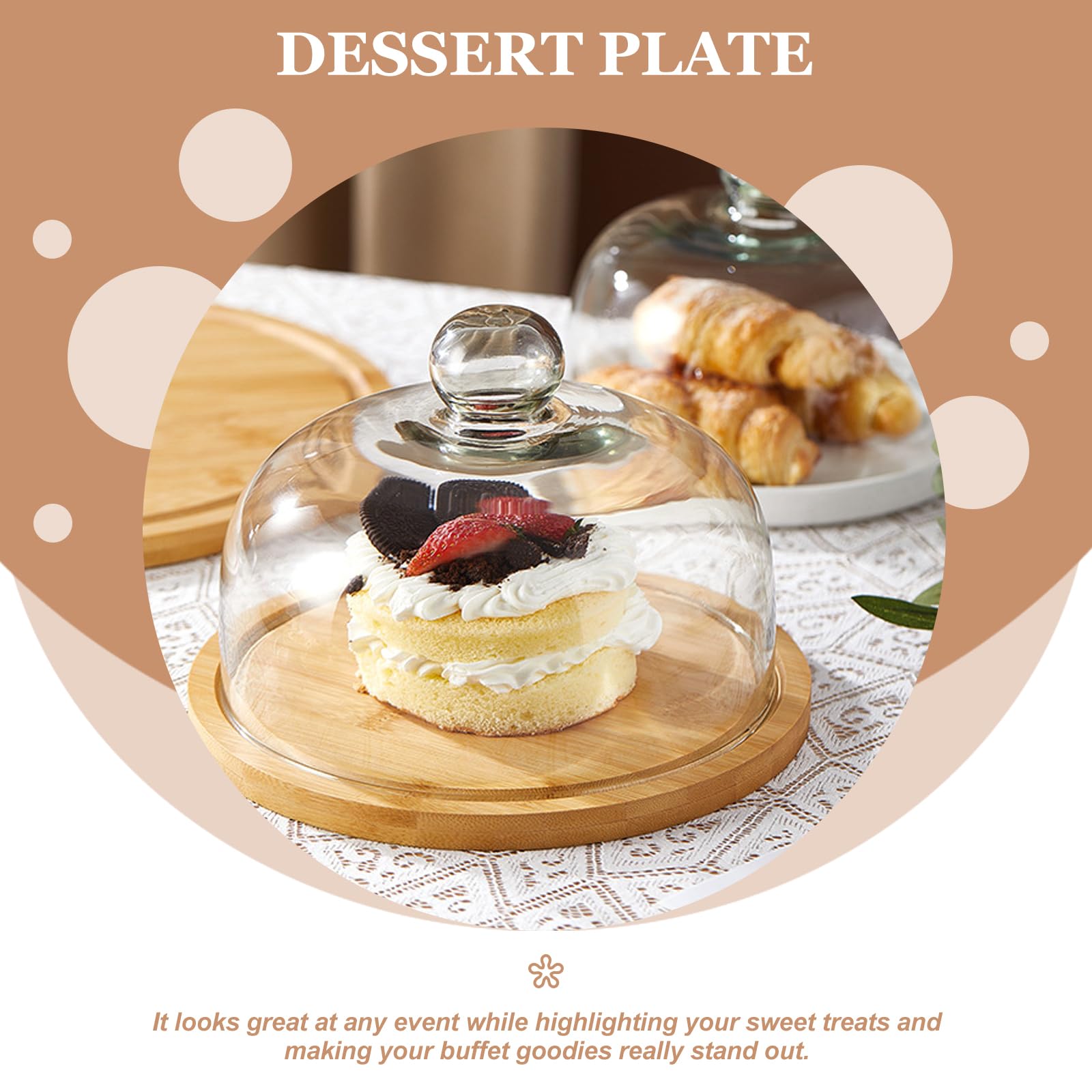 Cabilock Wood Cake Tray With Glass Dome Lid - Round Dessert Display Plate & Cover