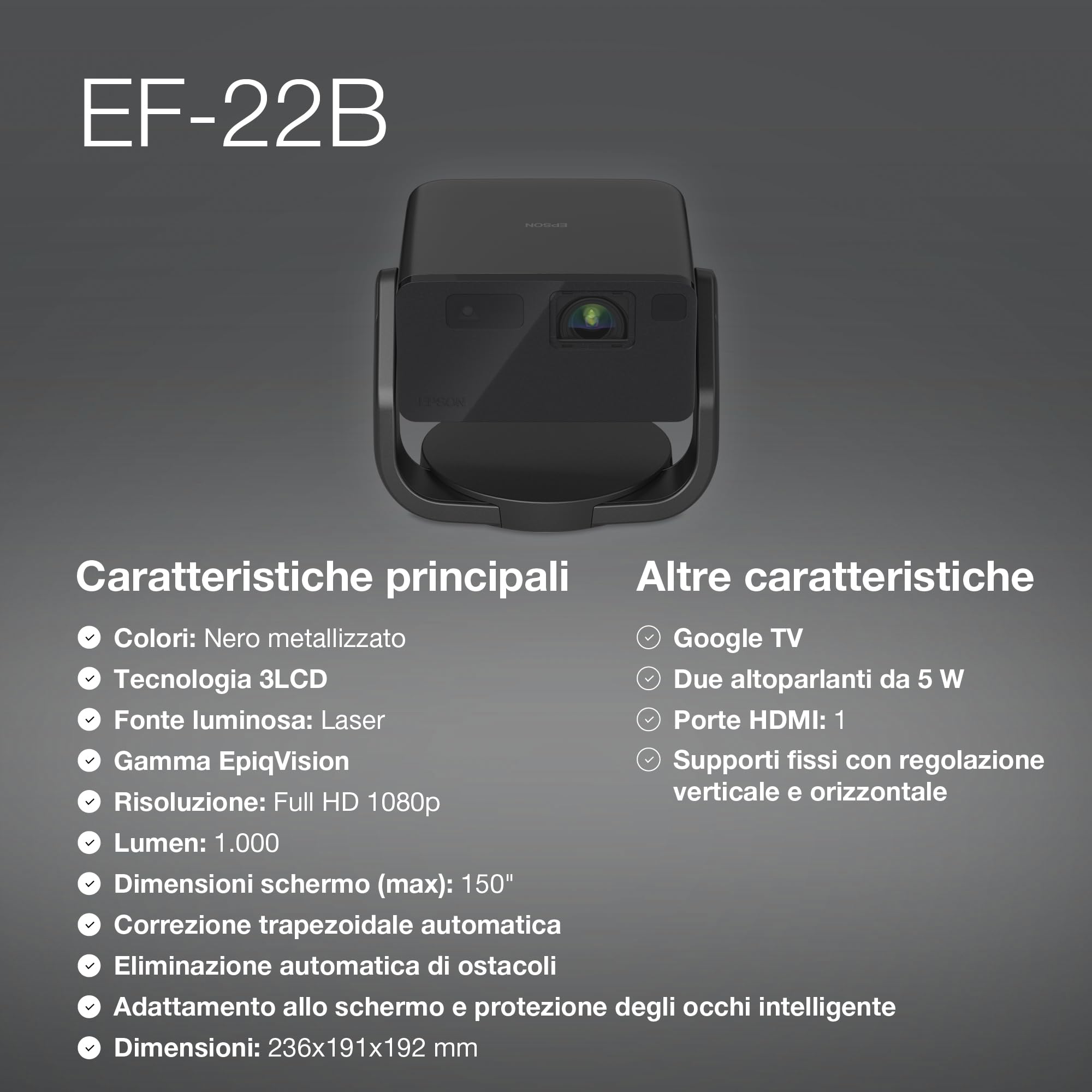 Epson EF-22B | Mini videoproiettore laser portatile Full HD | Google TV | Altoparlante Bluetooth da 5W | Tecnologia 3LCD | 1.000 lumen | Display 150 pollici | Uso interno/esterno | Nero metallizzato