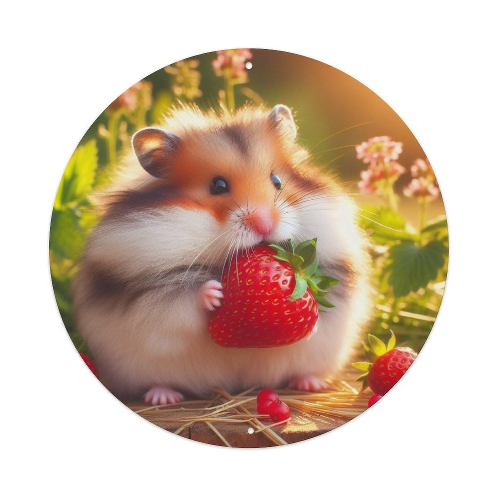 Animal Cute Hamster Eating Strawberries Vintage Metal Tin Sign Plaque Wall Decor for Cafe, Club Bar, Office, Garden Metal Poster 8x8Inch
