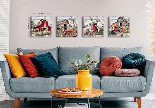 Miniatura 3 de Arte de pared rústico de granja, pintura de paisaje rural, molino de viento de granero, camión, impresiones en lienzo de animales de granja, vaca,