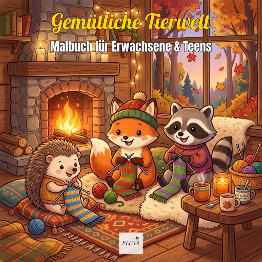 Comfy Hygge — Gemütliche Tierwelt — Malbuch für Erwachsene & Teens: 60 kawaii Ausmalbilder mit Bär, Hase, Fuchs, Katze, Igel & Waschbär in gemütlichen Hygge-Szenen