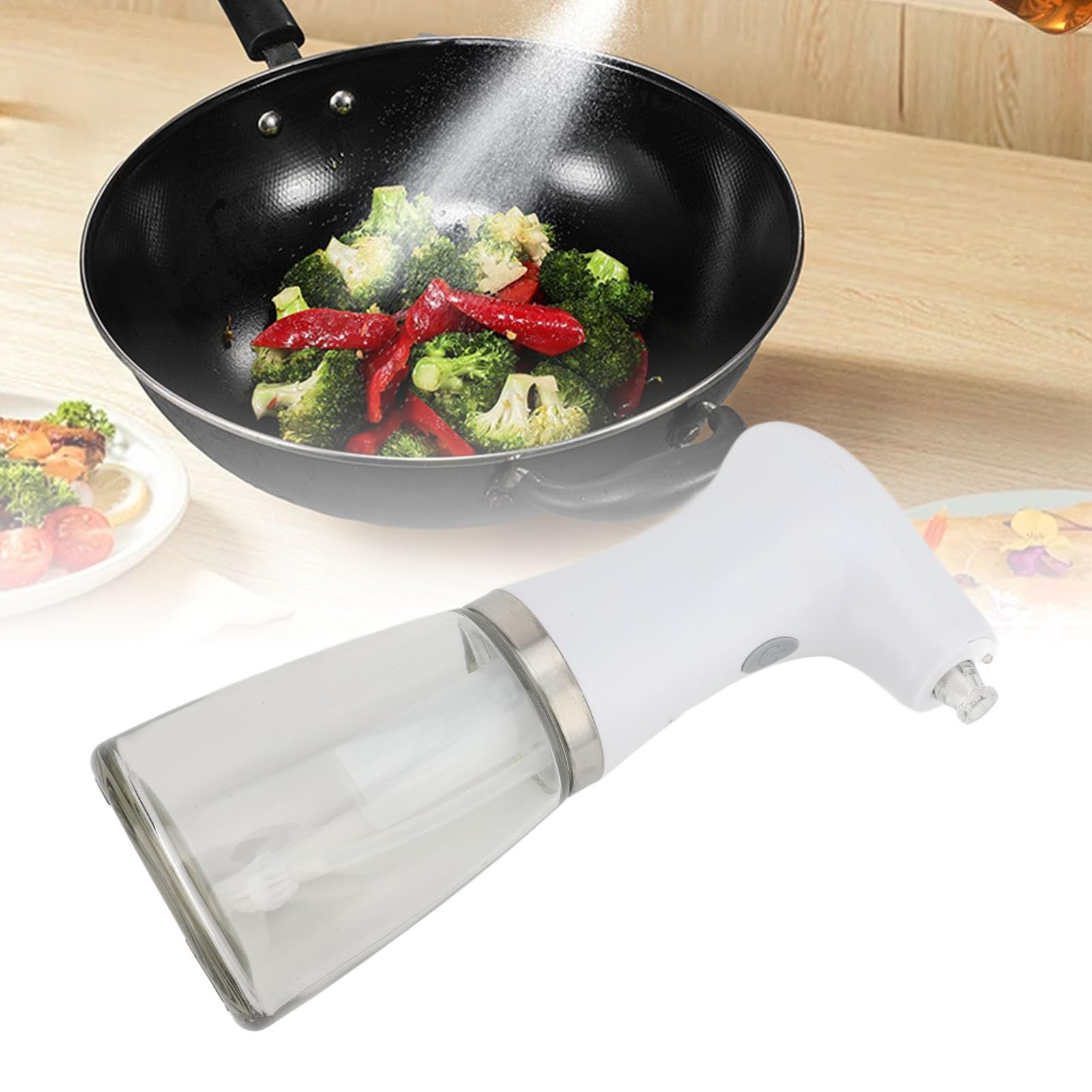 JAOCDOEN Continuous Spray Electric Oil Sprayer with LED Light Glass Continuous Spray Adjustable Electric Oil Dispenser Bottle for Cooking
