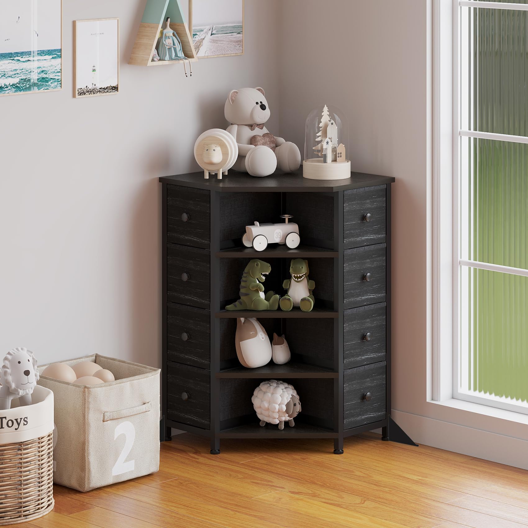 LUMTOK 8 Drawers Corner Dresser with Fabric Drawers and Shelf for Bedroom