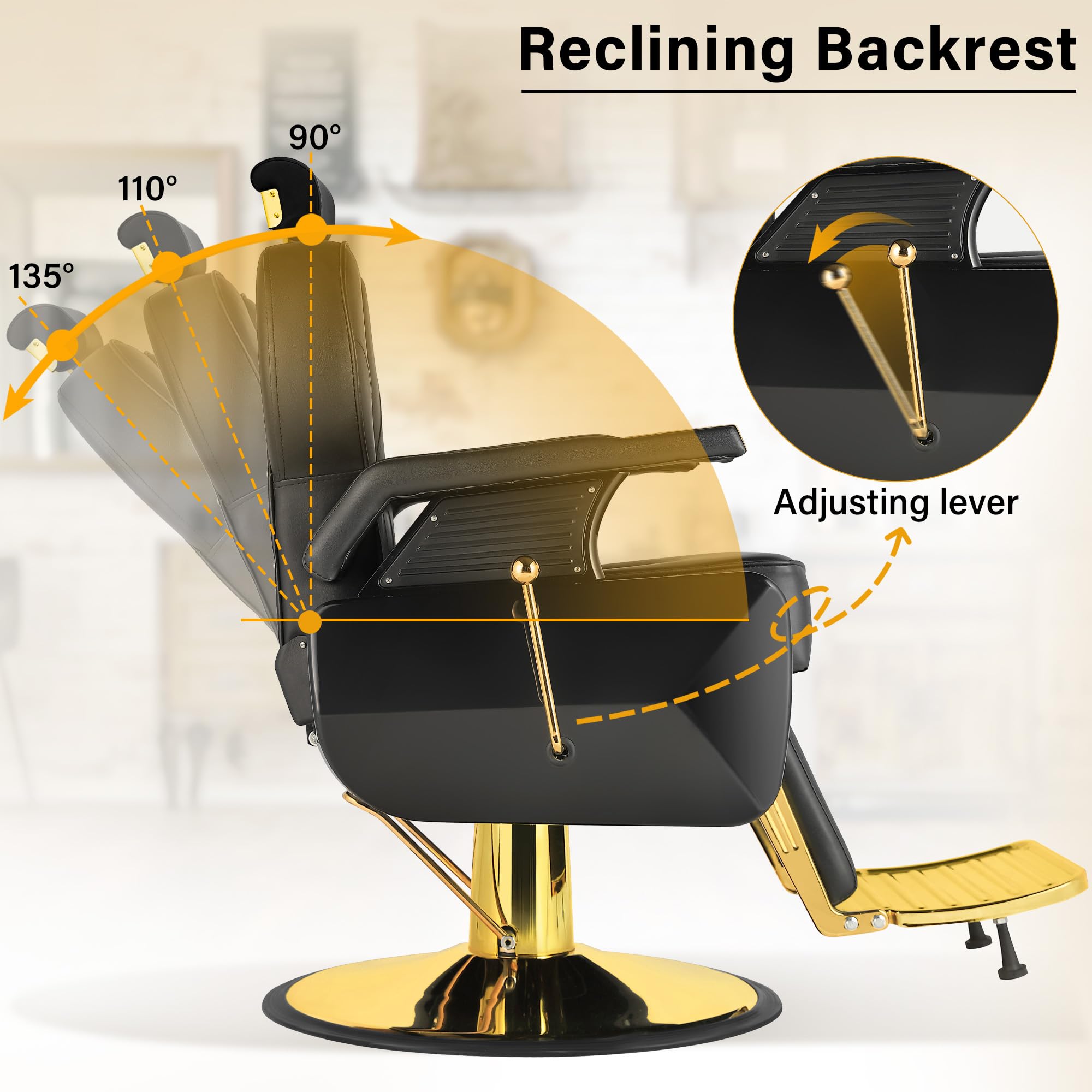 Barber Salon Hair Chair, Hydraulic Rolling 360° Swivel Barber Reclining Chairs for Barbershop, Heavy Duty Hairdresser Chair Beauty Salon Spa Shampoo Styling Equipment, Adjustable Headrest, Black&Gold