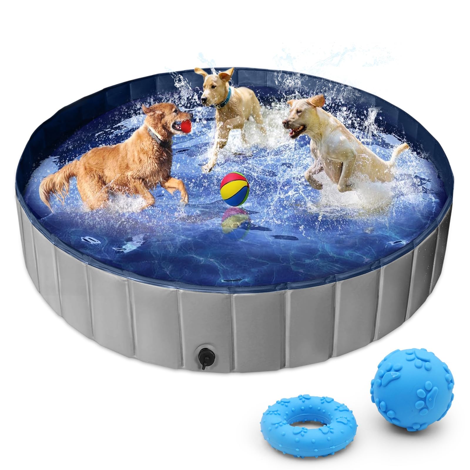 Extra Large Dog Paddling Pool 160 cm, Heavy Duty Foldable Dog Pool for Large Dogs, Non-Slip Pet Swimming Pool with Drain Valve & 2 Chew Toys, Collapsible Dog Bath Pool for Garden, Patio & Camping