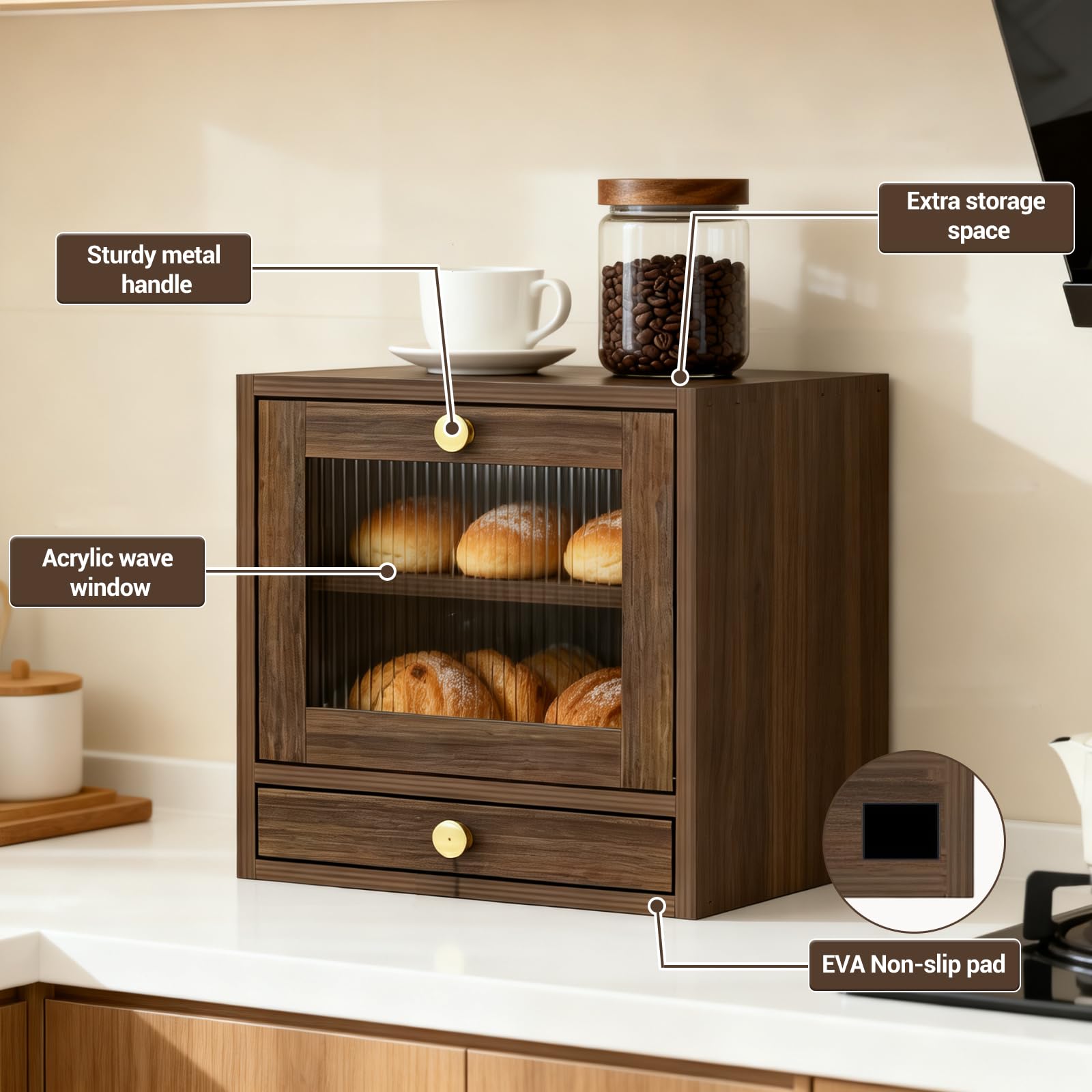 GarveeHome Brotkasten Holz, 36,8 x 24 x 36 cm Groß Brotbox mit Schublade zur Aufbewahrung von Geschirr, Küche Brotaufbewahrung mit Acrylglasfenster für Brot Längere Frische & Einfache Pflege