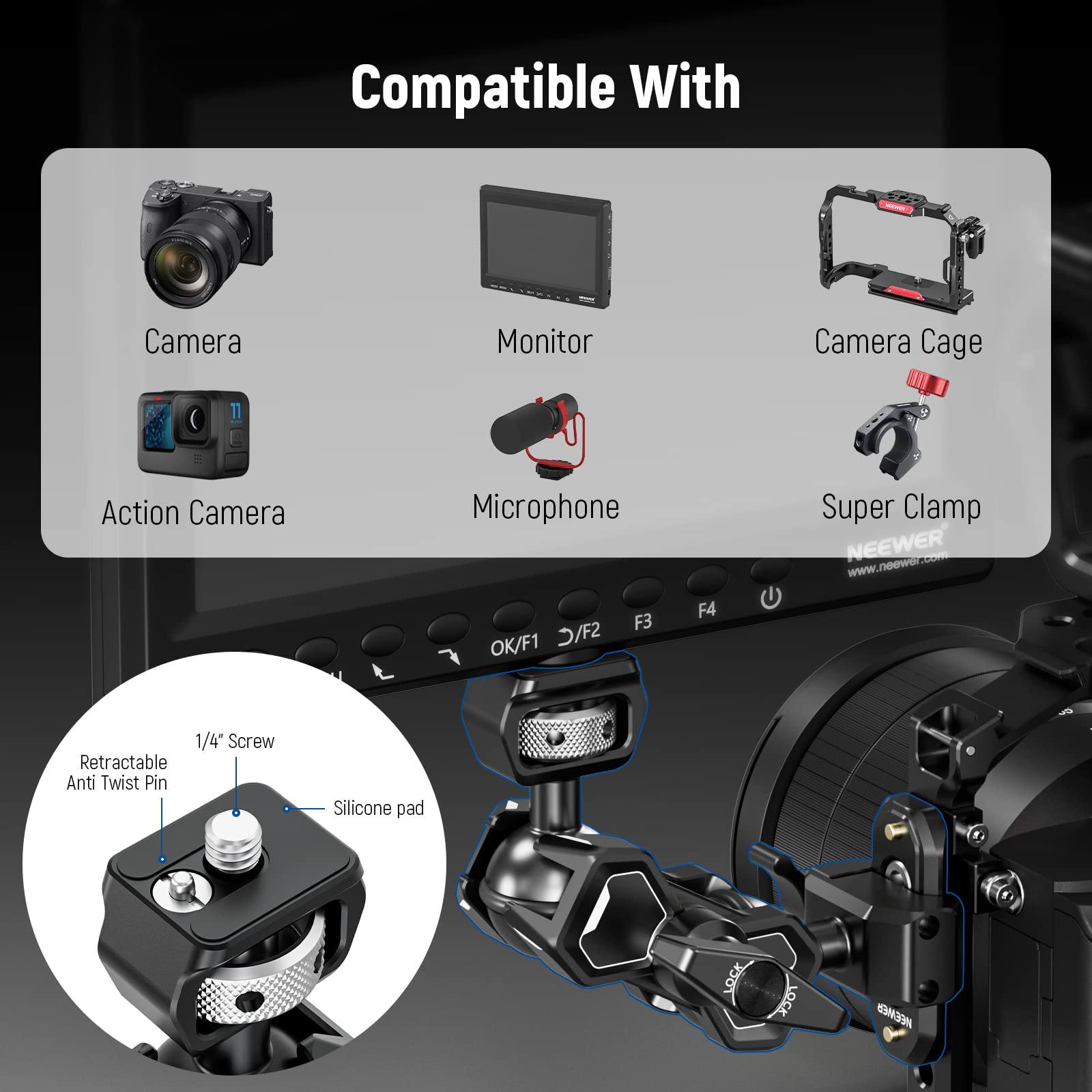 NEEWER Bras Magique Articulé Flexible avec Double Têtes Sphériques, Pince NATO à Dégagement et Rail NATO de 48mm et Vis de 6,35mm avec Broche Rétractable, Support de Moniteur Compatible avec SmallRig