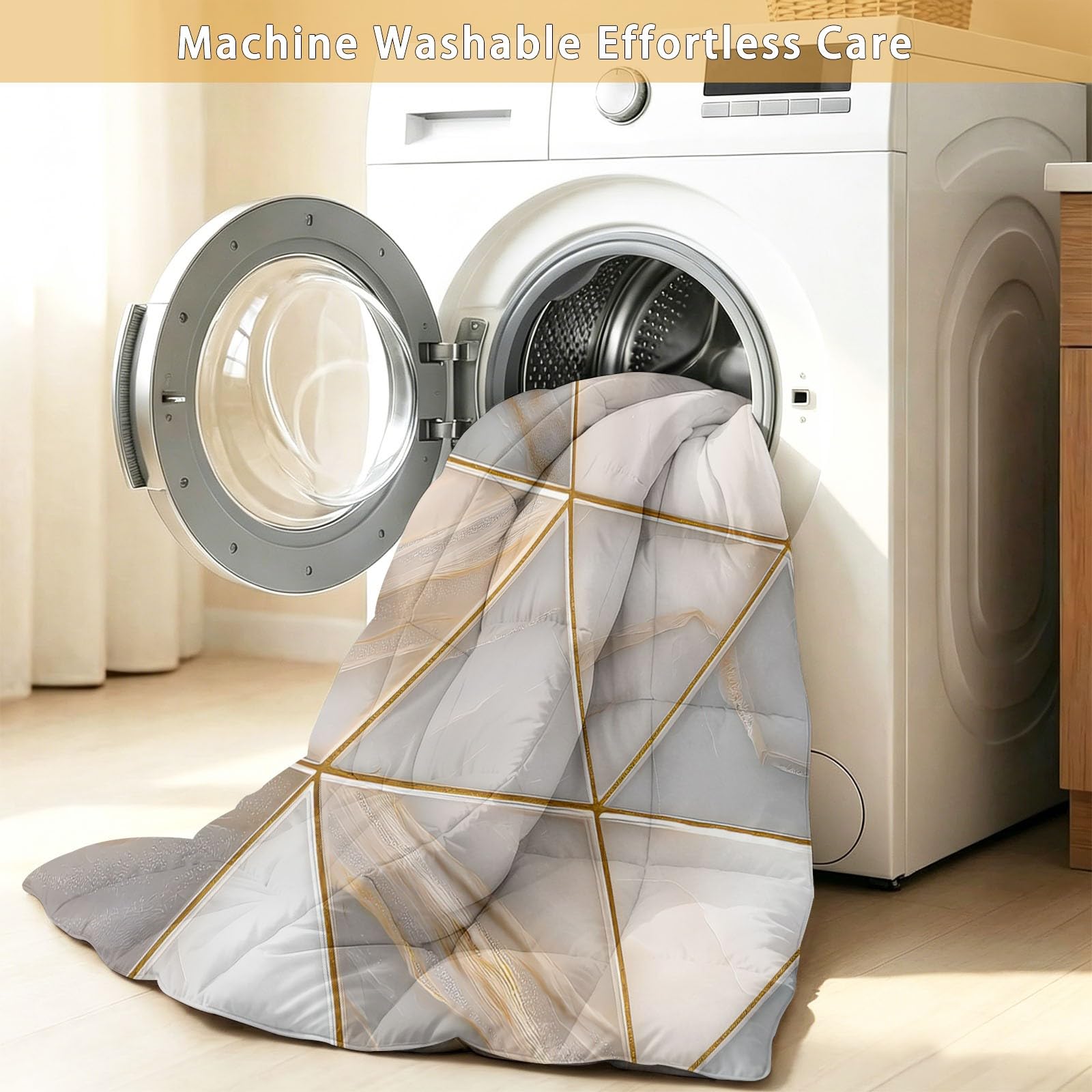 Copripiumino singolo senza copripiumino, design moderno e lussuoso, motivo geometrico a triangolo, reversibile, con federa abbinata, lavabile in lavatrice e ipoallergenico, grigio oro, 135 x 200 cm