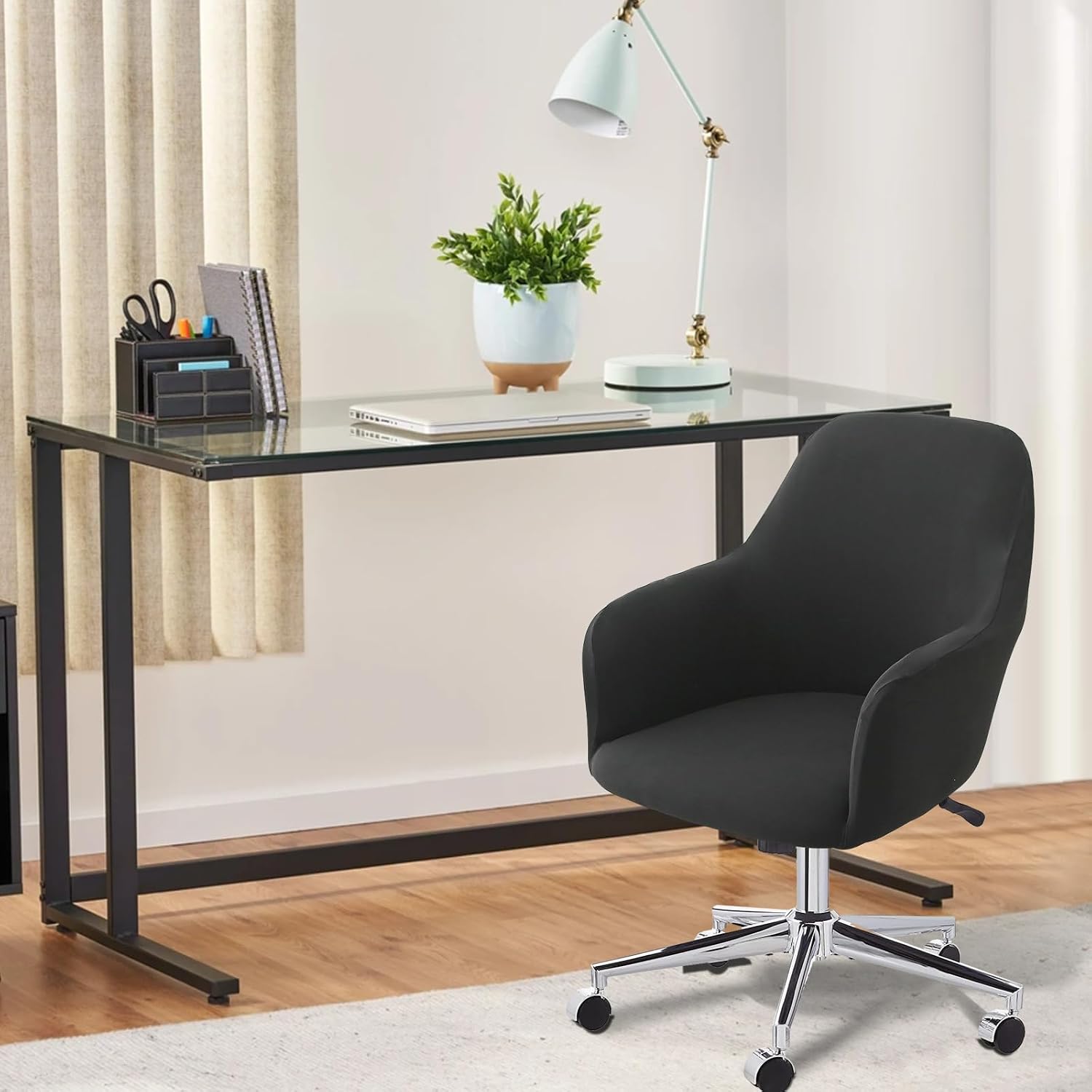 Iauddy Swivel Armchair Accent Dining Chair Cover for Office, Stretch Mid-Back Office Desk Chair Sliopcover Leisure Arm Chair Protector with arms for Living Room(2,Black)