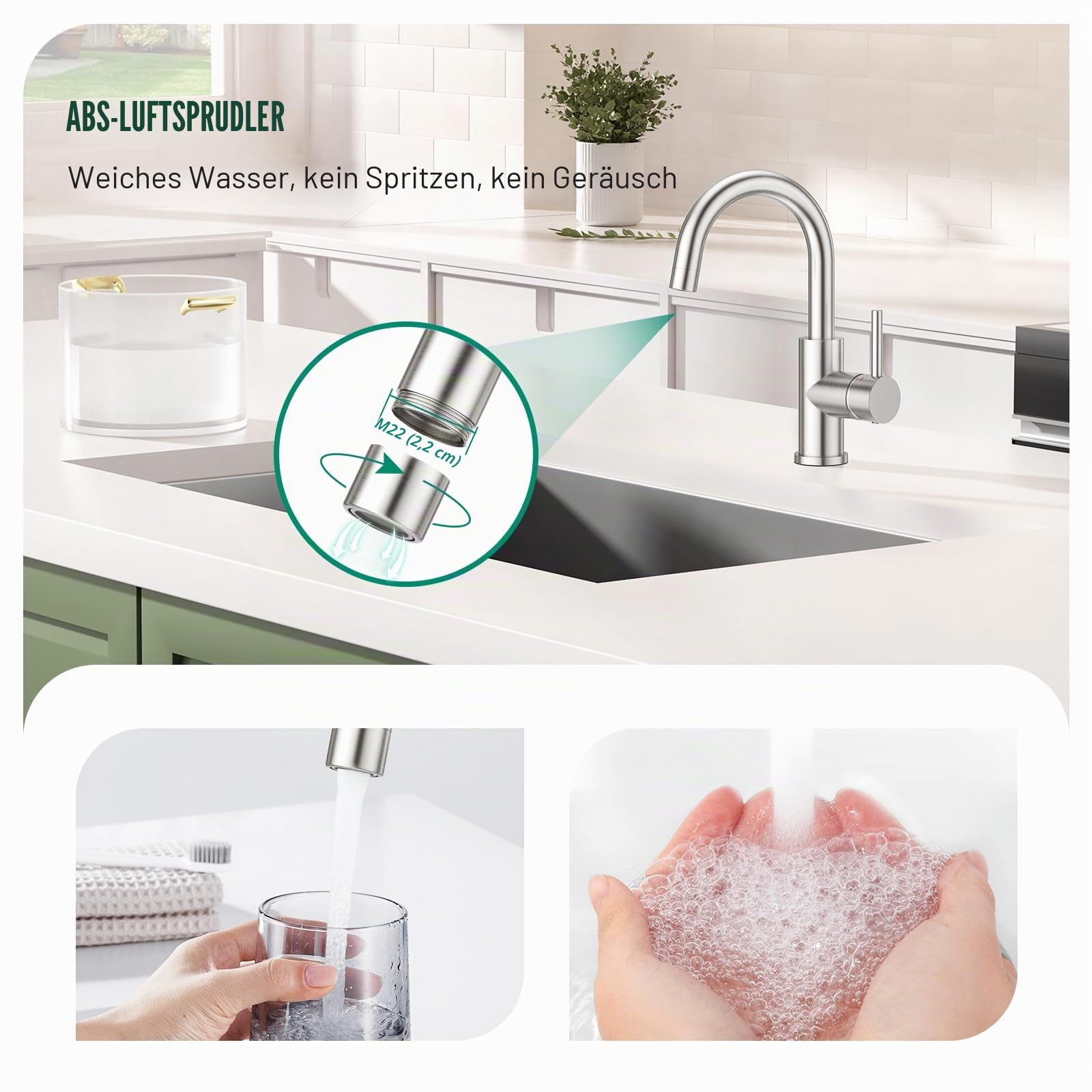 CREA Wasserhahn Küche, 360° Drehbare Küchenarmatur für Kleine Küche, Waschbeckenarmatur, Armatur Küche mit Hohem Auslauf, Edelstahl