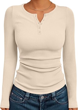 Trendy Queen Long Sleeve Henley Shirts for Women Fall Winter Ribbed Tops