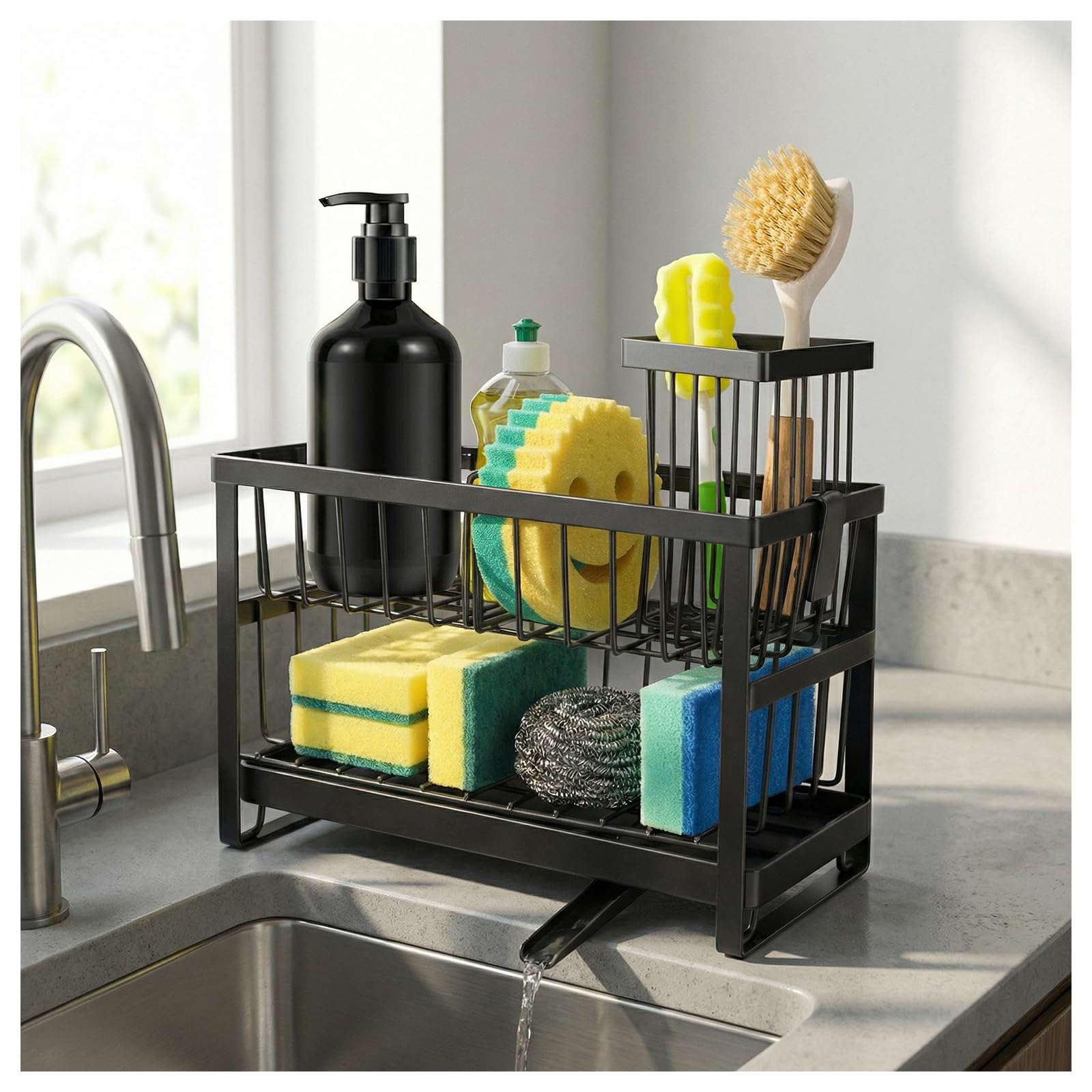 2-Tier Sink Sponge Caddy Organizer Self Drain Sink Caddy with Dish Brush Holder Non Toxic Kitchen Sink Accessories