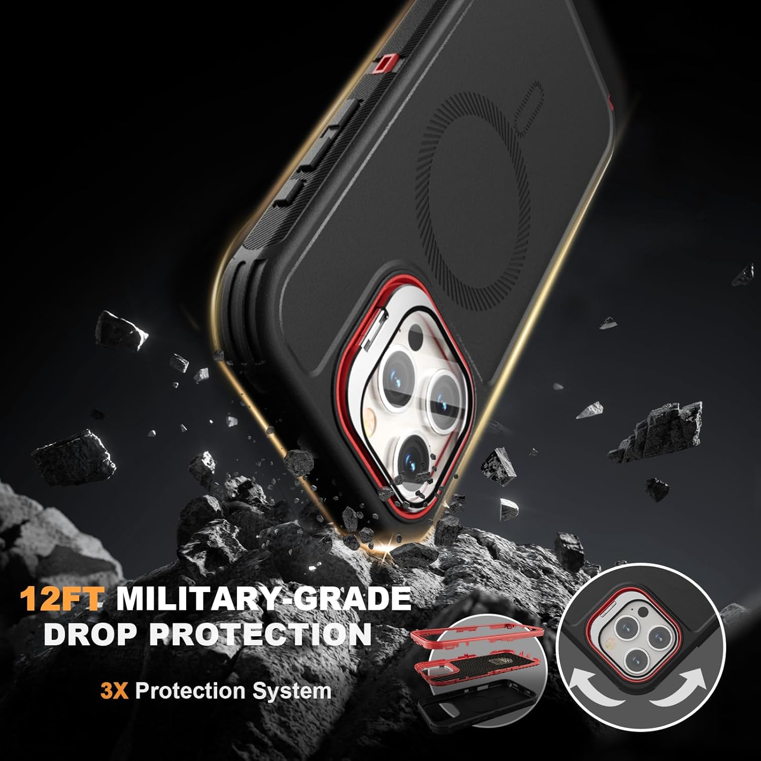 Follaroma for iPhone 15 Pro Max Case with Stand & Built-in Camera Cover, MagSafe Compatible, Heavy-Duty Shockproof Protection, Magnetic & Rugged Phone Cover for iPhone 15 Pro Max 6.7'', Black-red